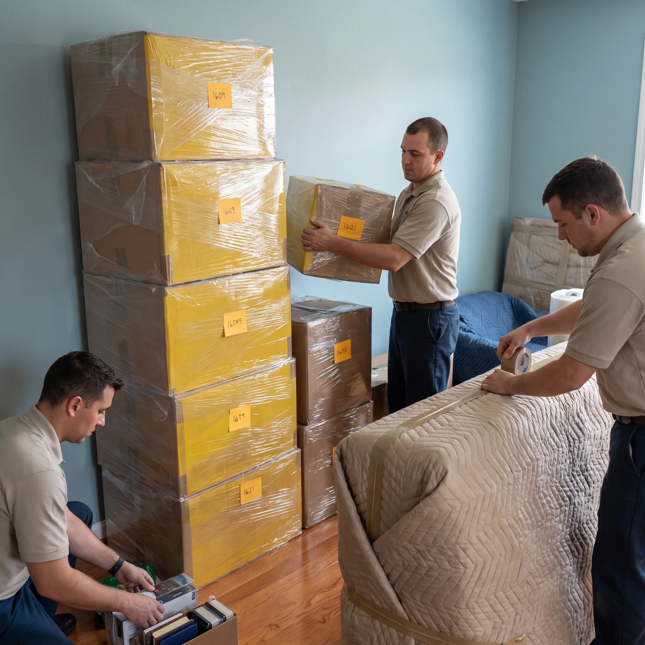 Moving team organizing furniture and boxes for coordinated relocation