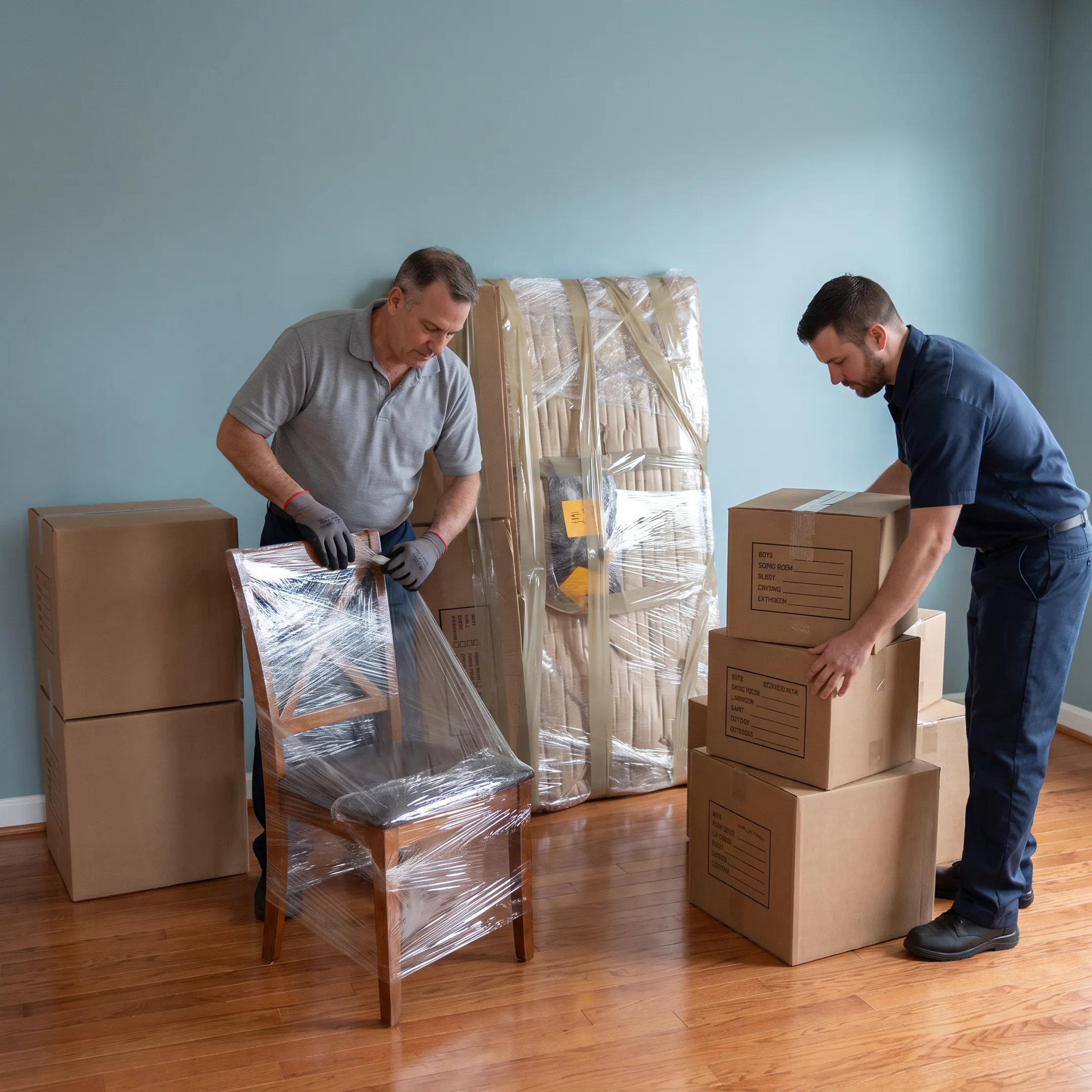 Moving professionals protecting furniture during a residential relocation