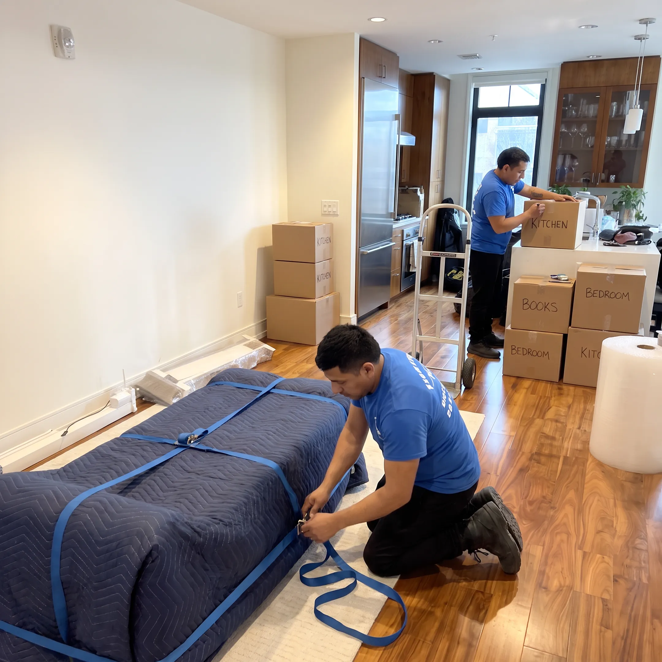 Moving team coordinating packed belongings during a relocation