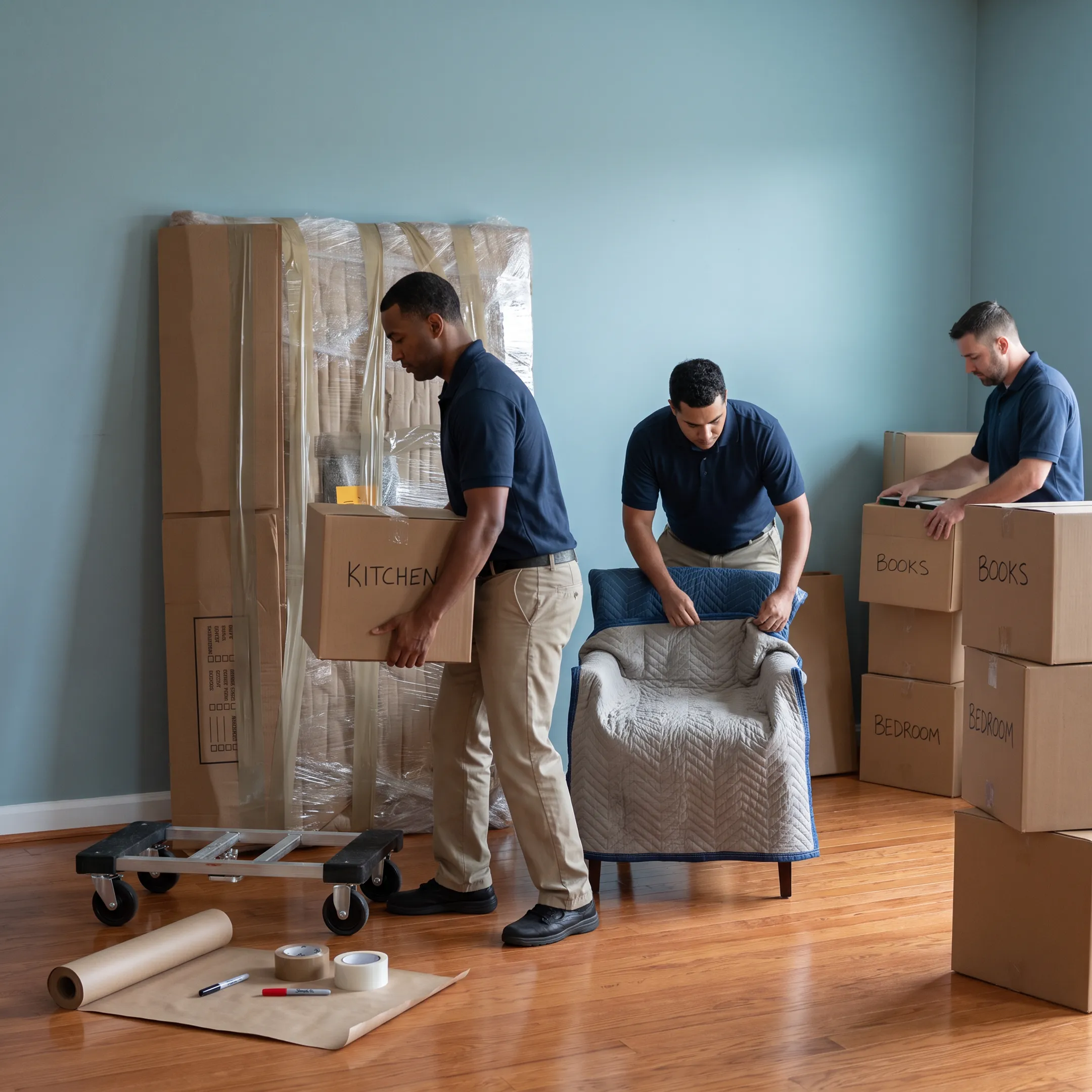 Moving professionals organizing protected furniture and boxes for relocation