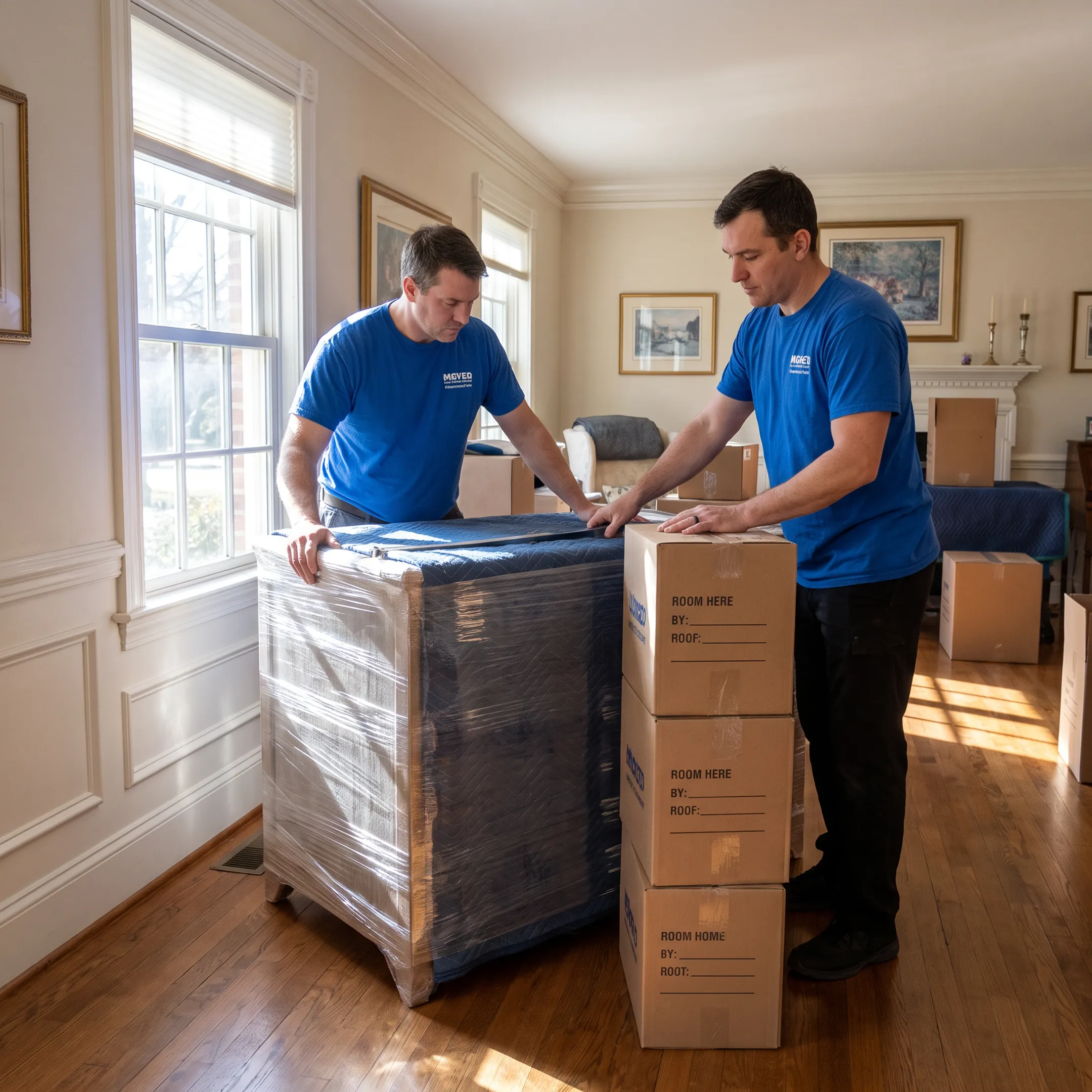 Moving professionals organizing boxes and furniture for relocation