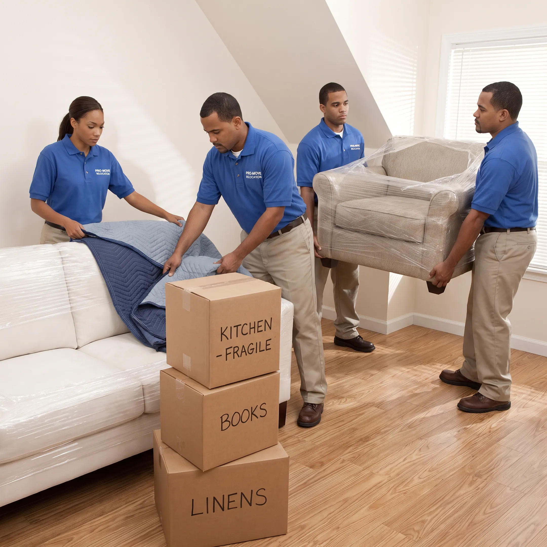 Moving professionals organizing protected furniture and boxes for transport