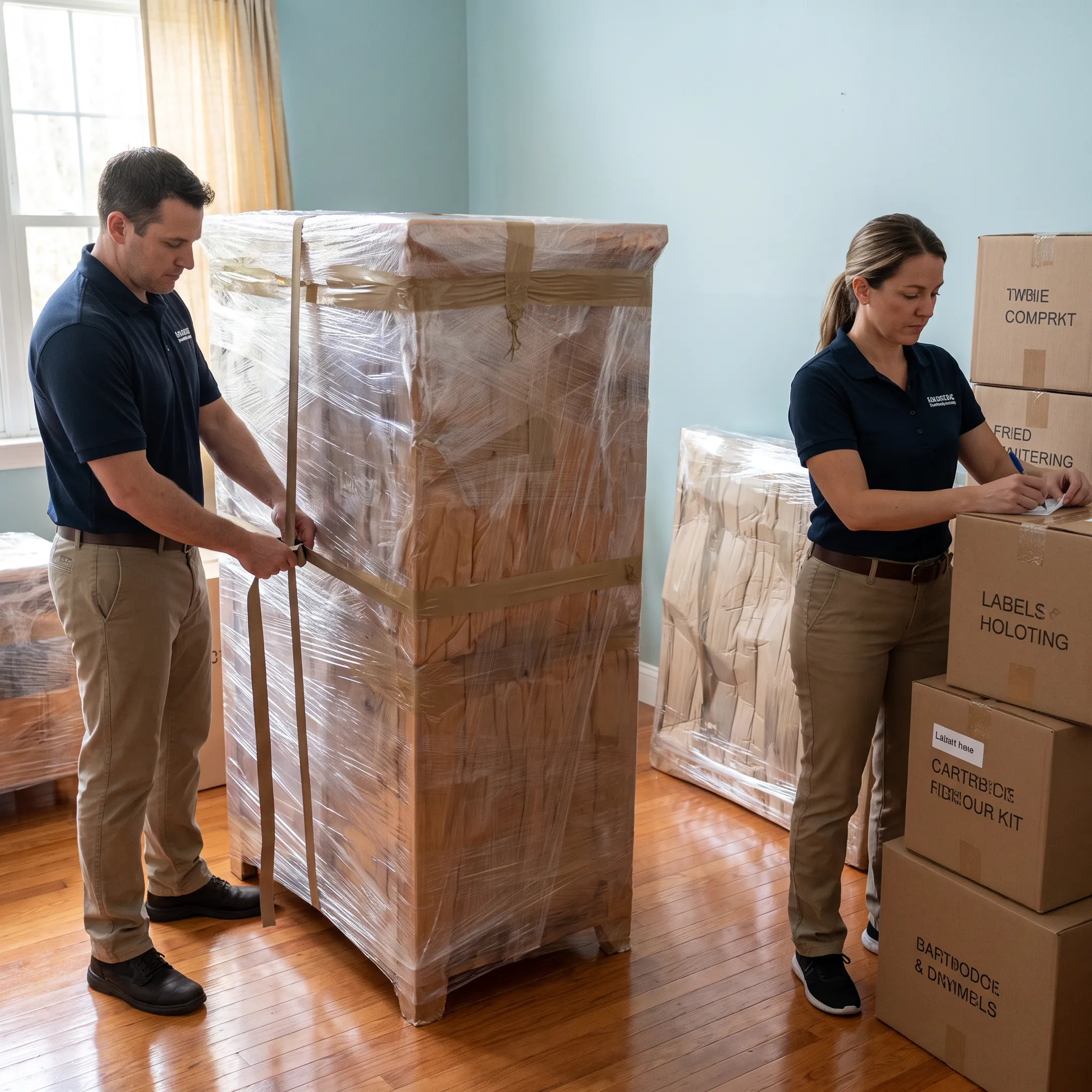 Moving professionals organizing packed belongings for transportation