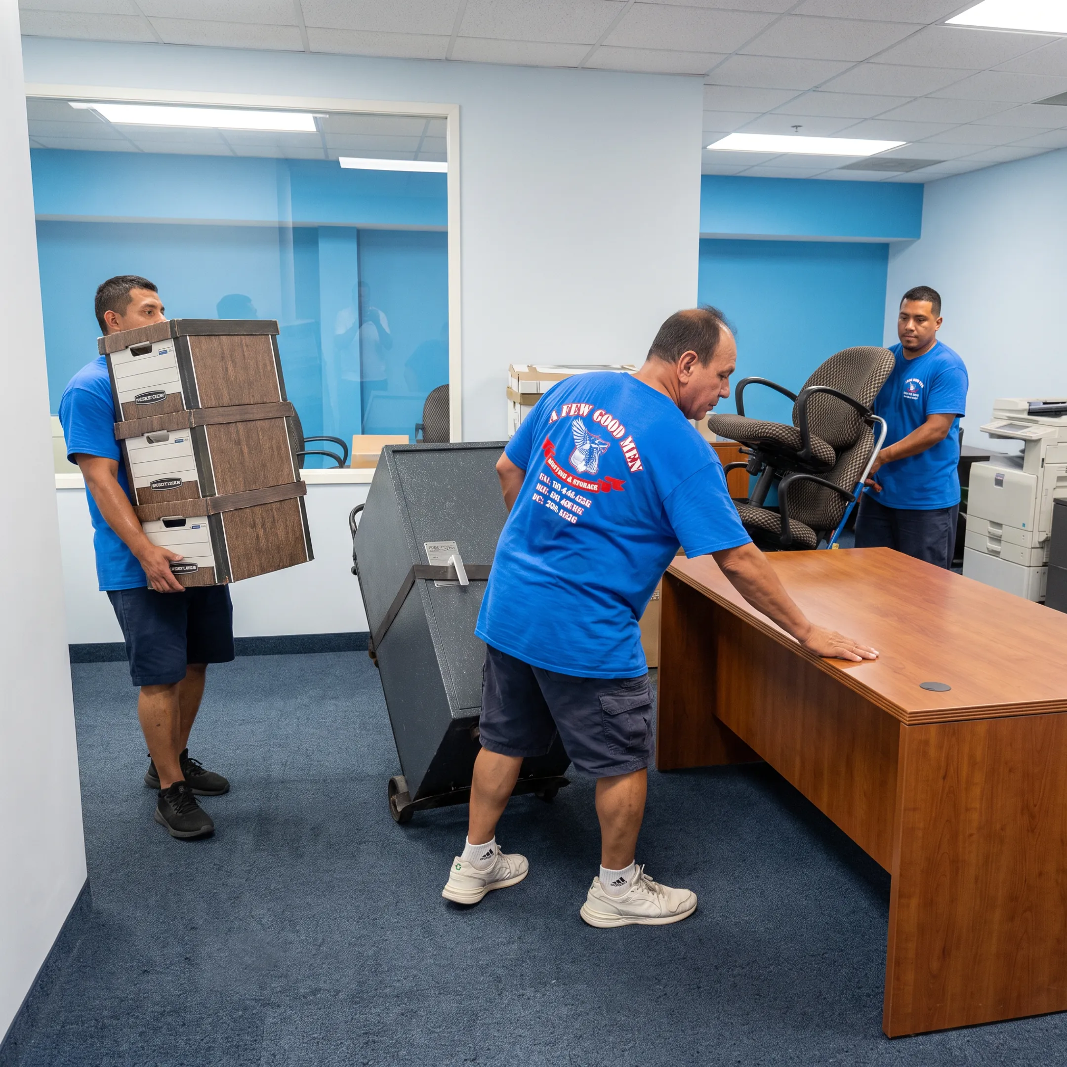 Commercial movers positioning office furniture in a new workplace