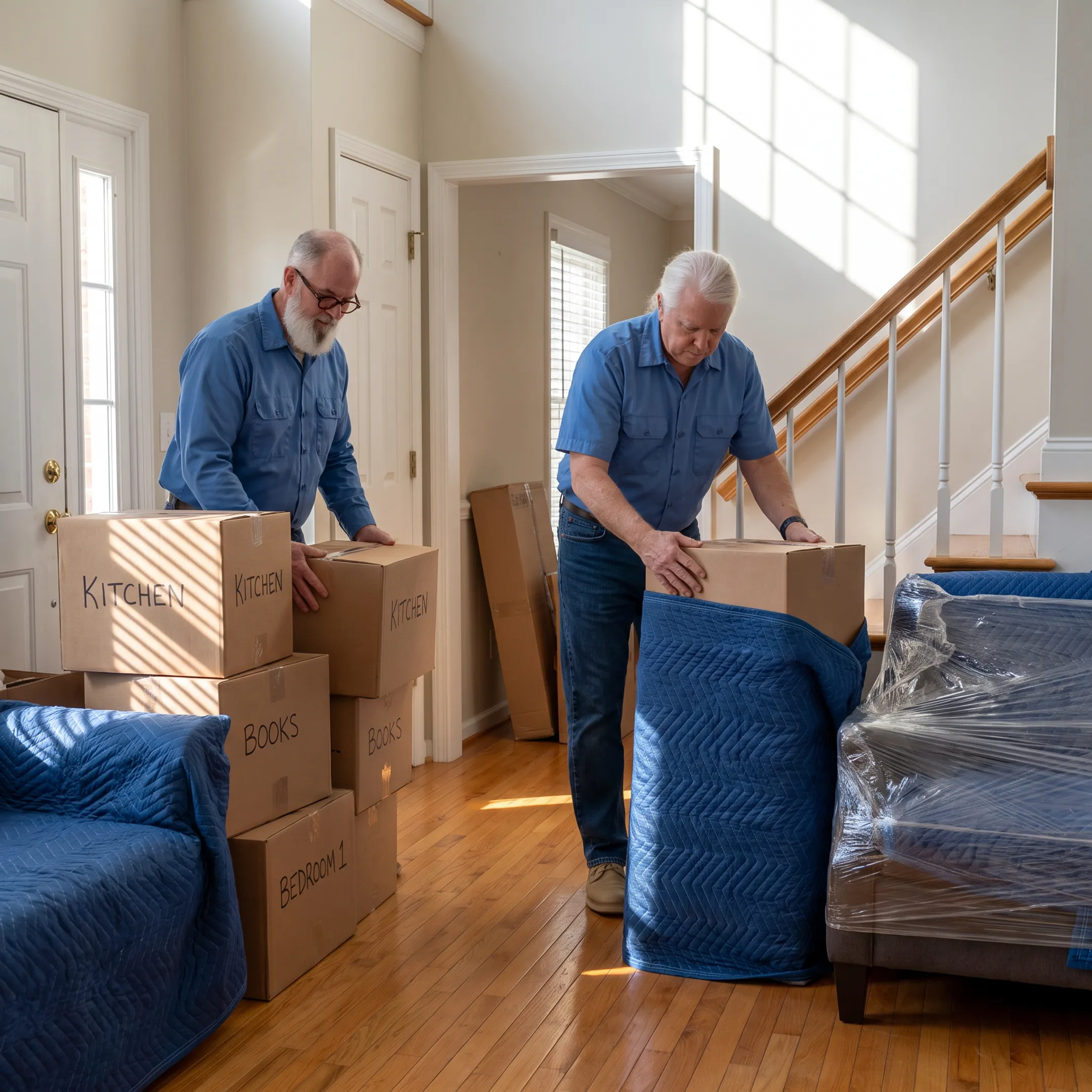 Moving team preparing boxes and furniture for relocation