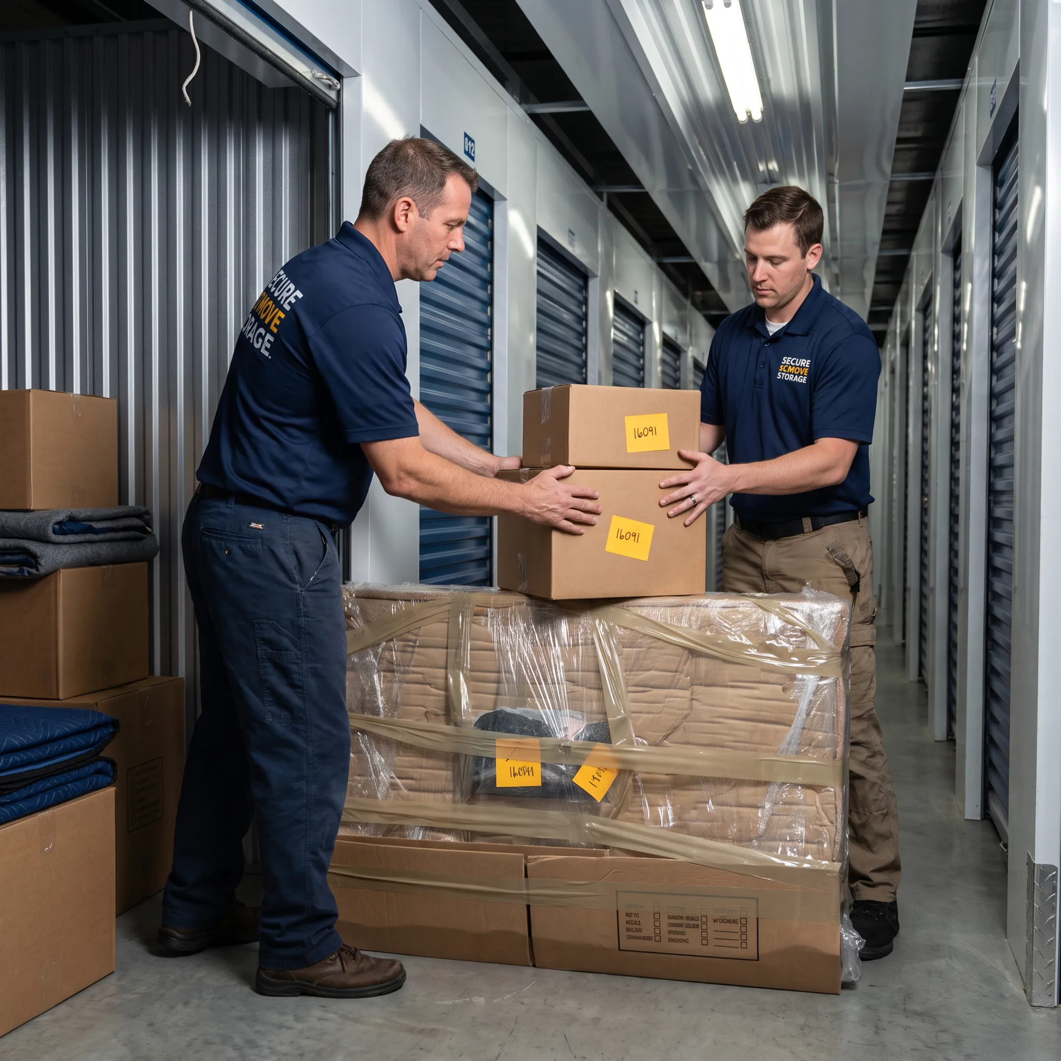 Wrapped furniture and boxes inside a climate-controlled storage facility