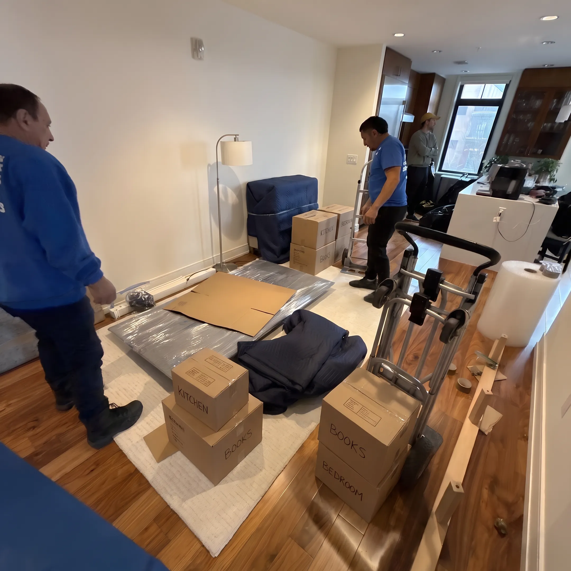 Moving professionals organizing boxes and furniture for relocation