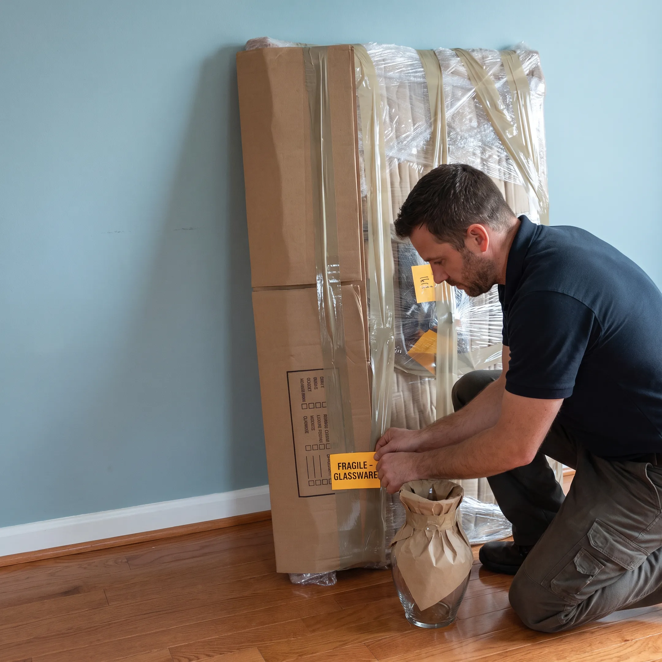 Mover organizing packed boxes for a Washington DC relocation