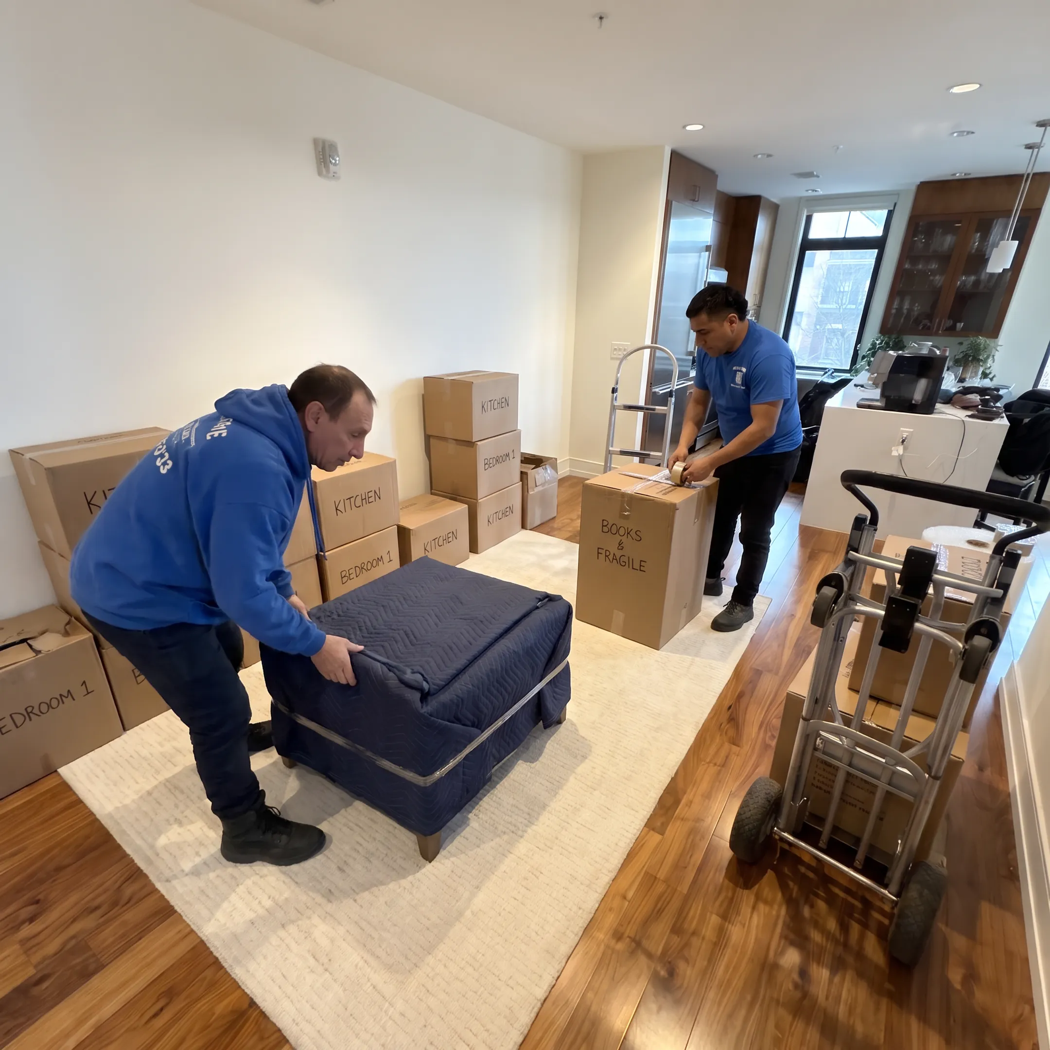 Movers organizing boxes and furniture for a coordinated relocation