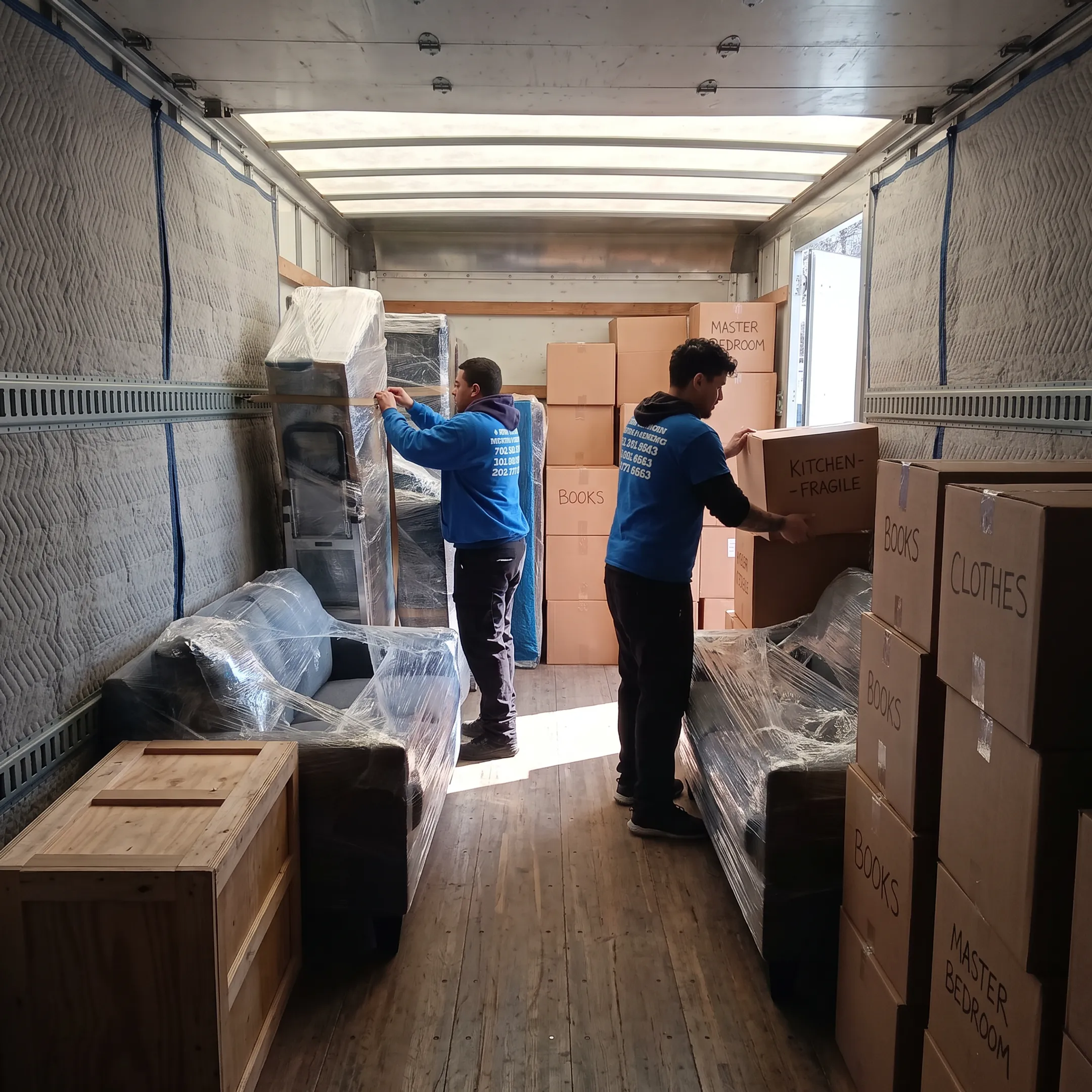 Moving professionals organizing furniture and boxes for interstate delivery