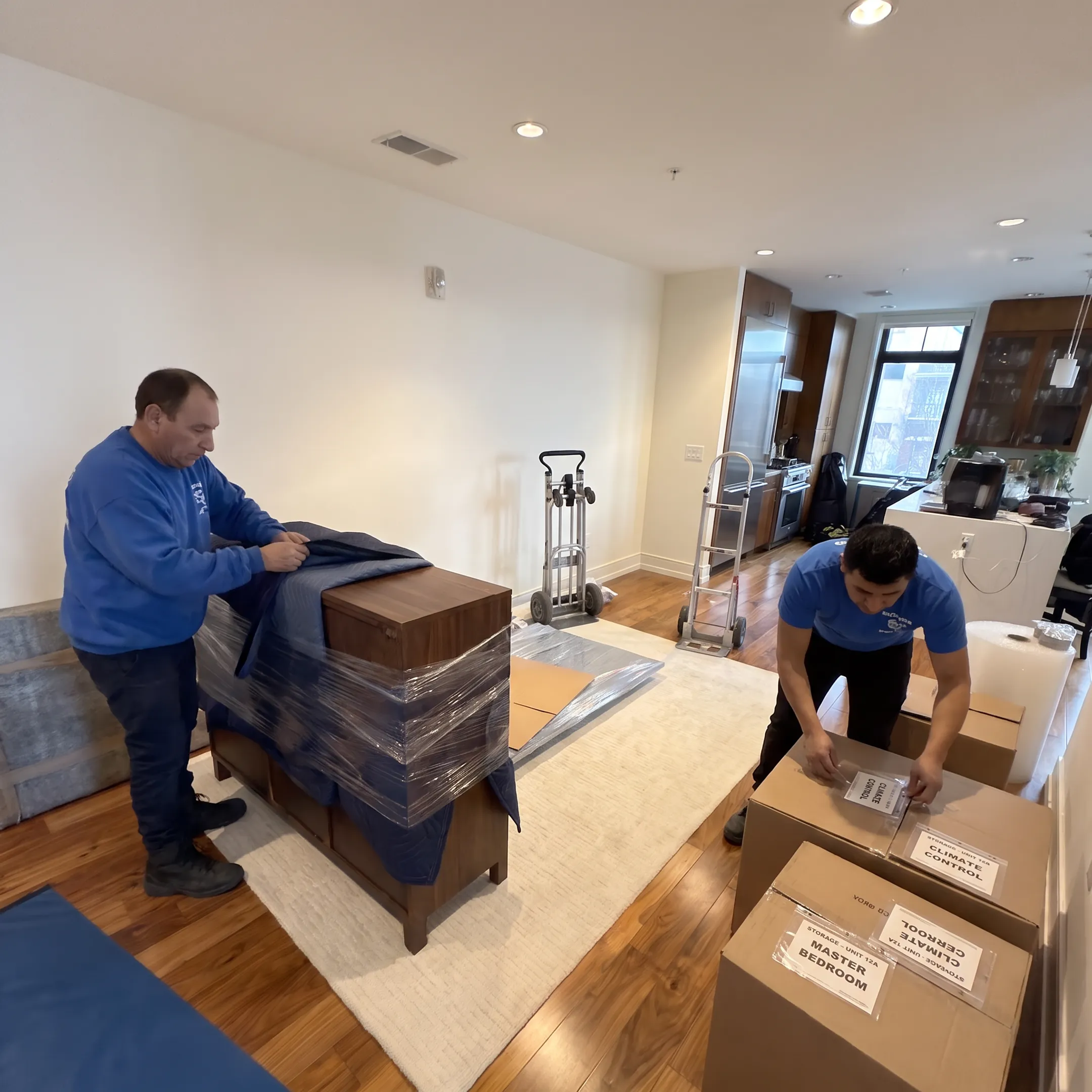Moving team organizing belongings for storage