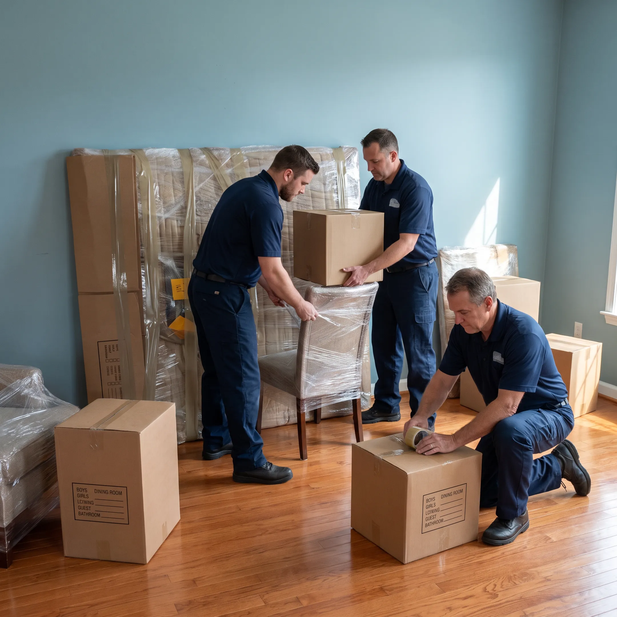 Moving professionals organizing boxes and furniture for a residential relocation