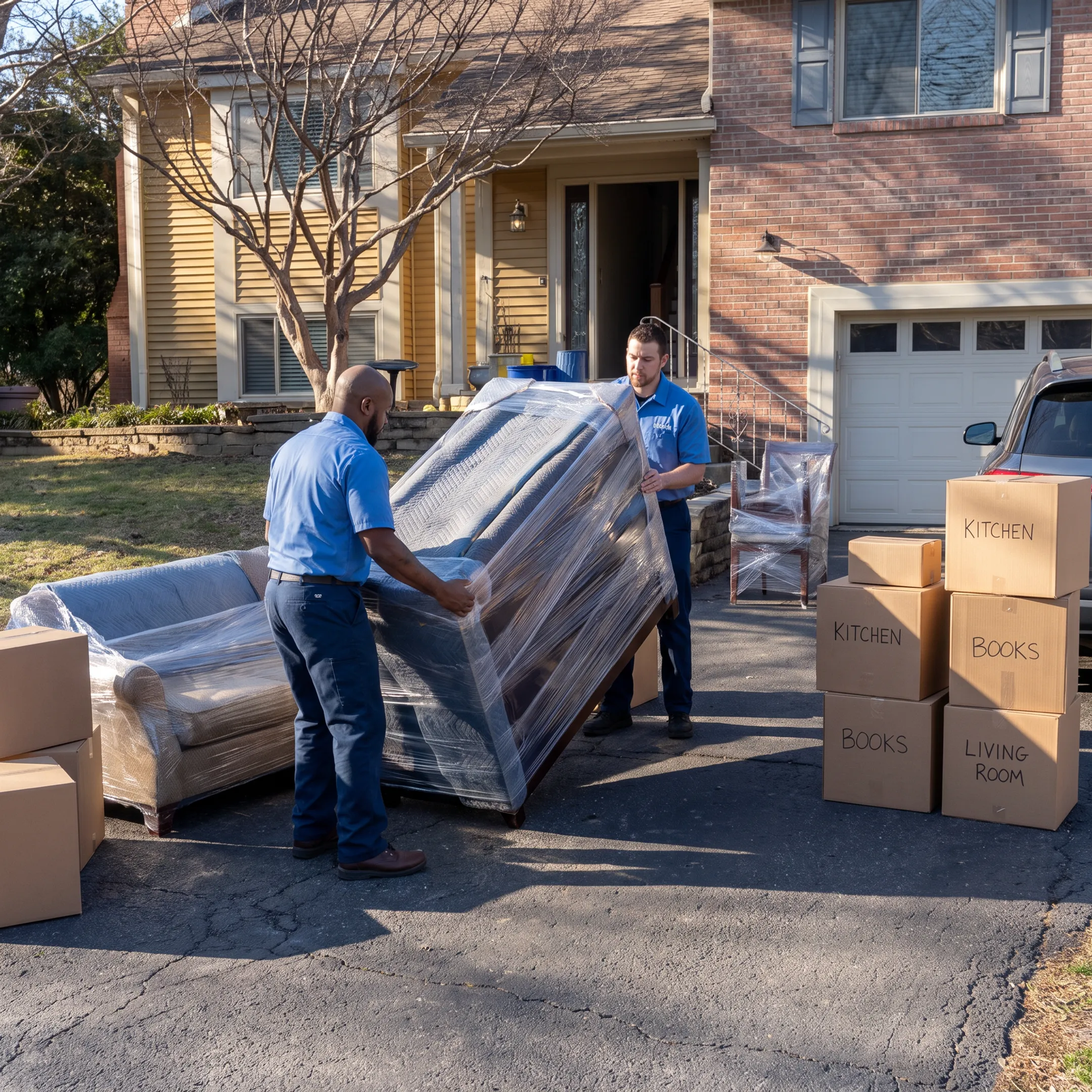 Moving professionals organizing packed boxes during a home relocation