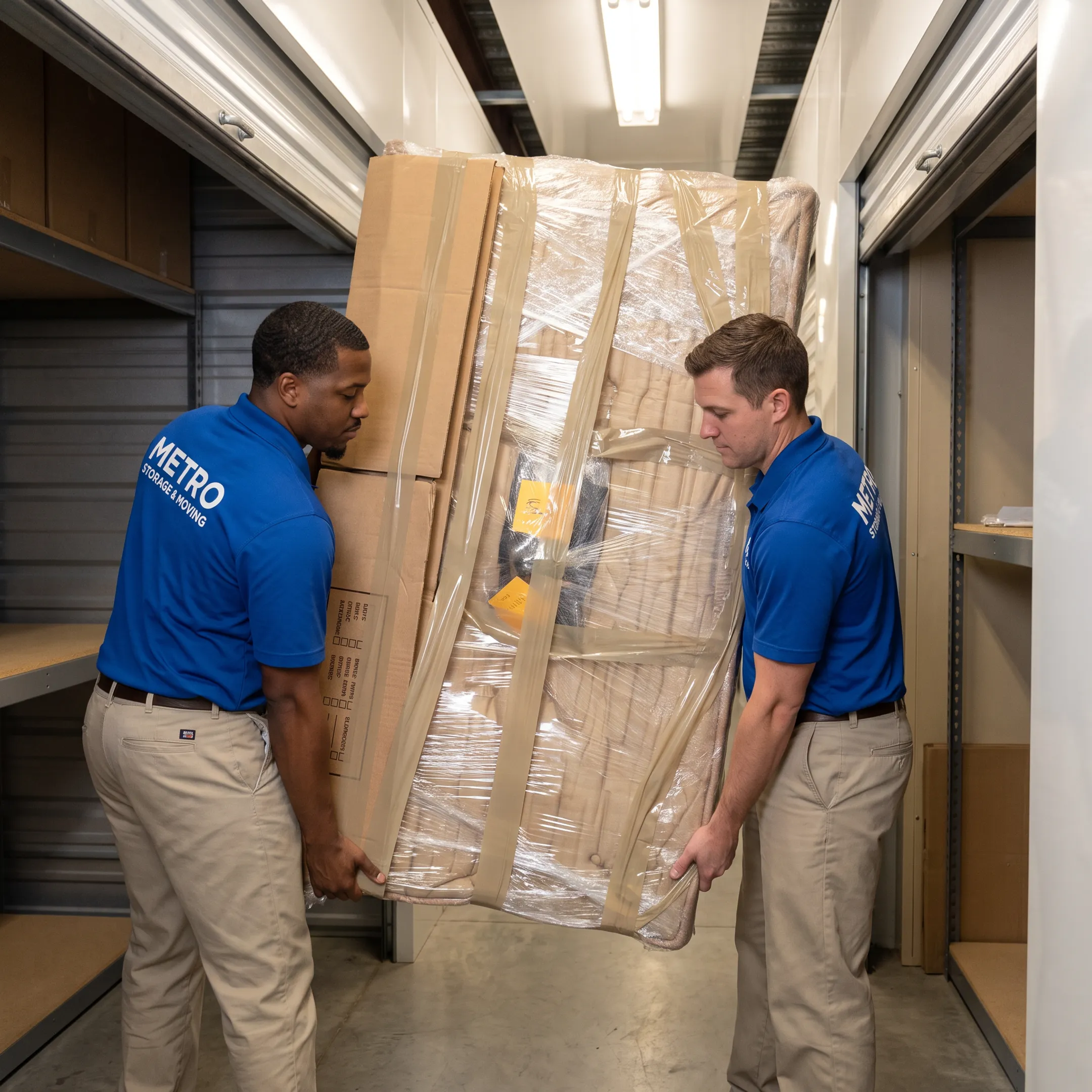 Wrapped furniture and boxes arranged inside a clean storage facility