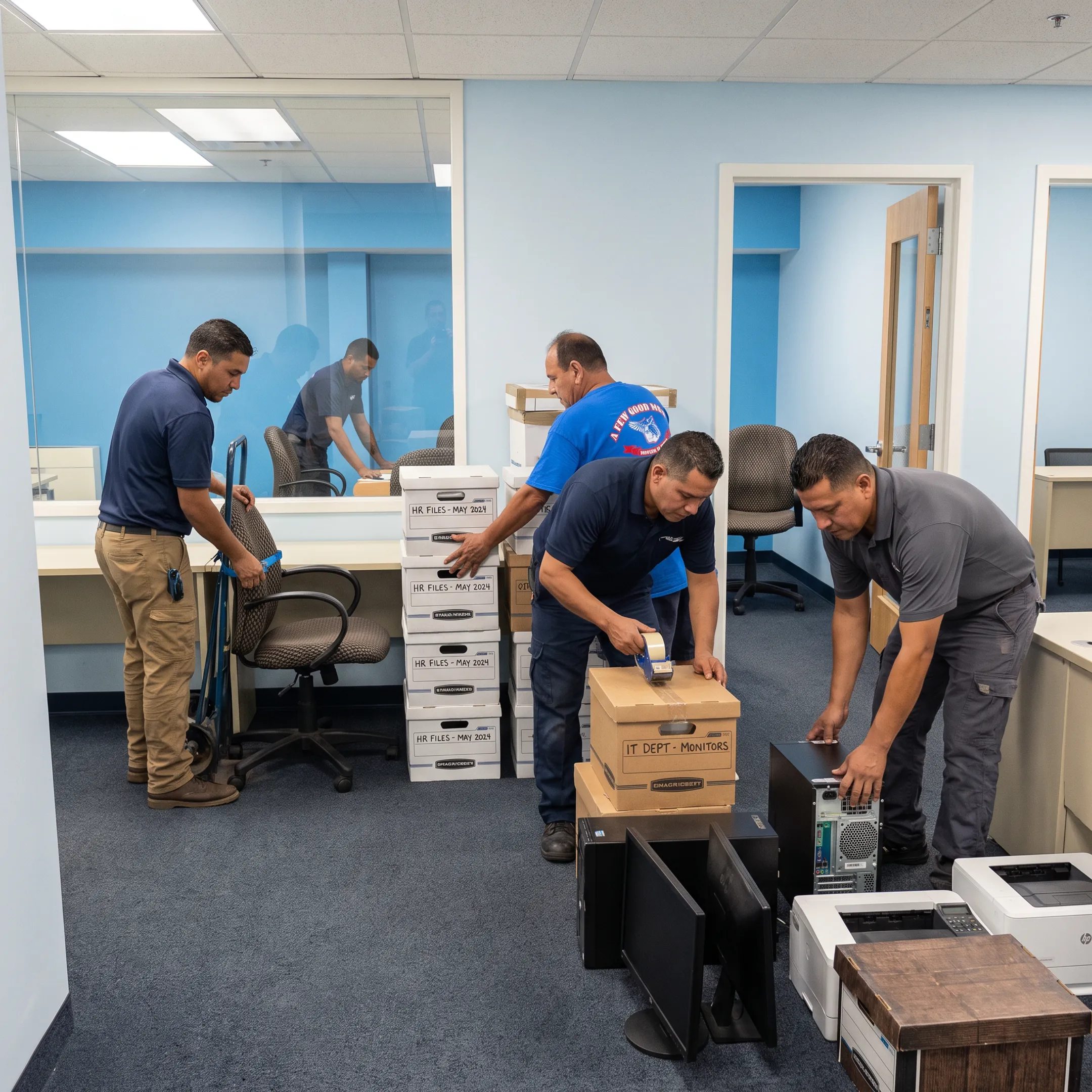 Moving professionals organizing office equipment for relocation