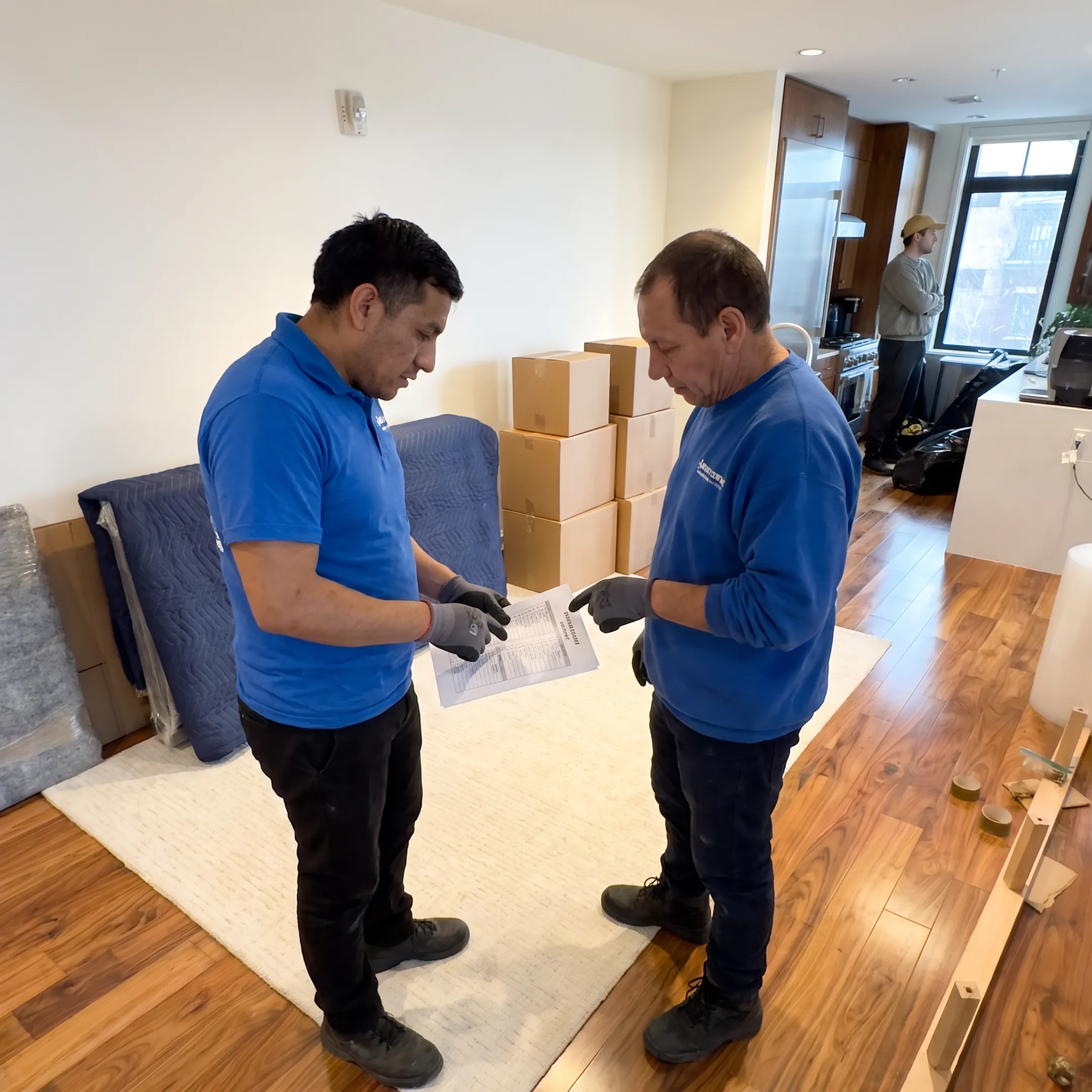 Moving coordinators organizing moving boxes and equipment during an organized relocation.