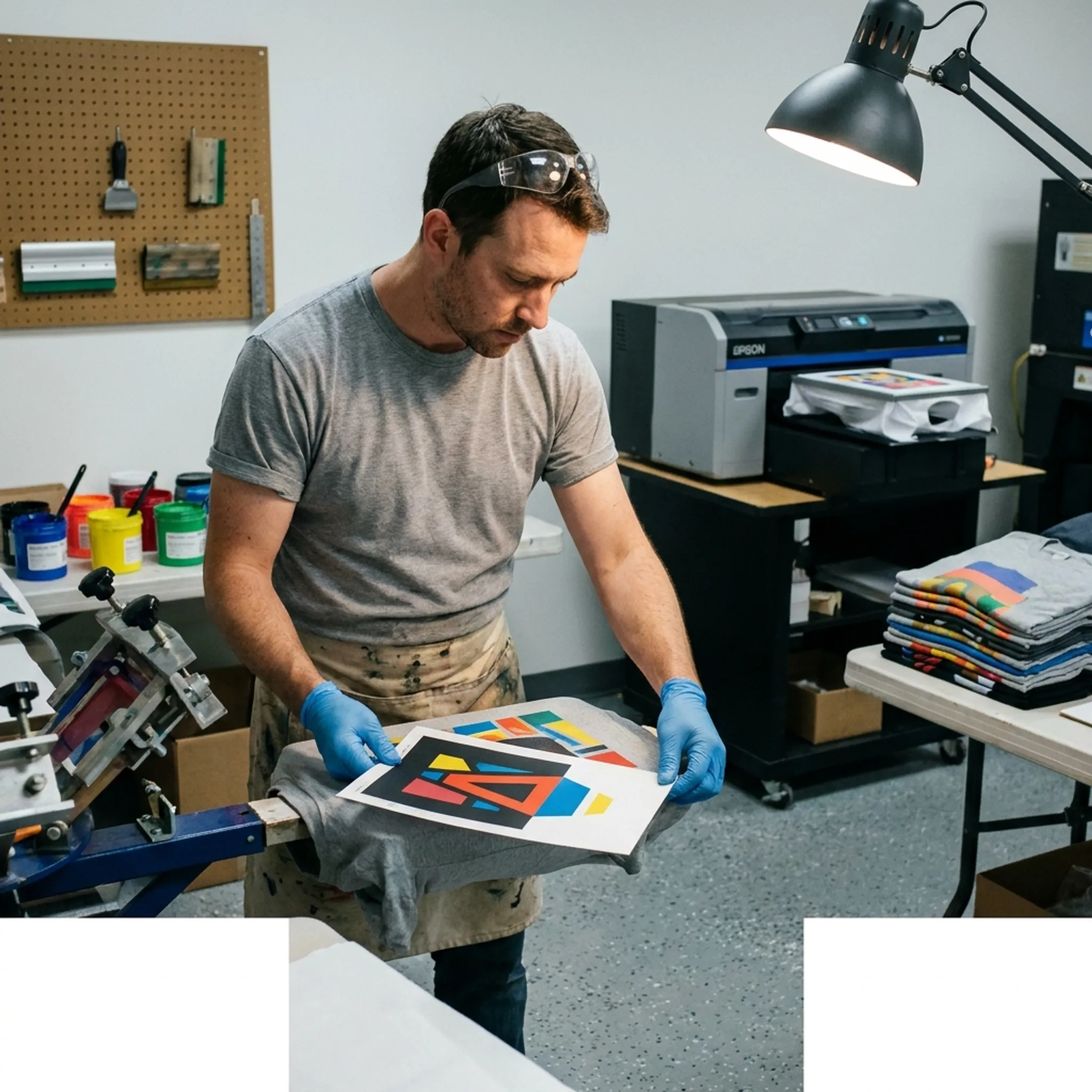 Printer preparing colorful custom shirt artwork for apparel production
