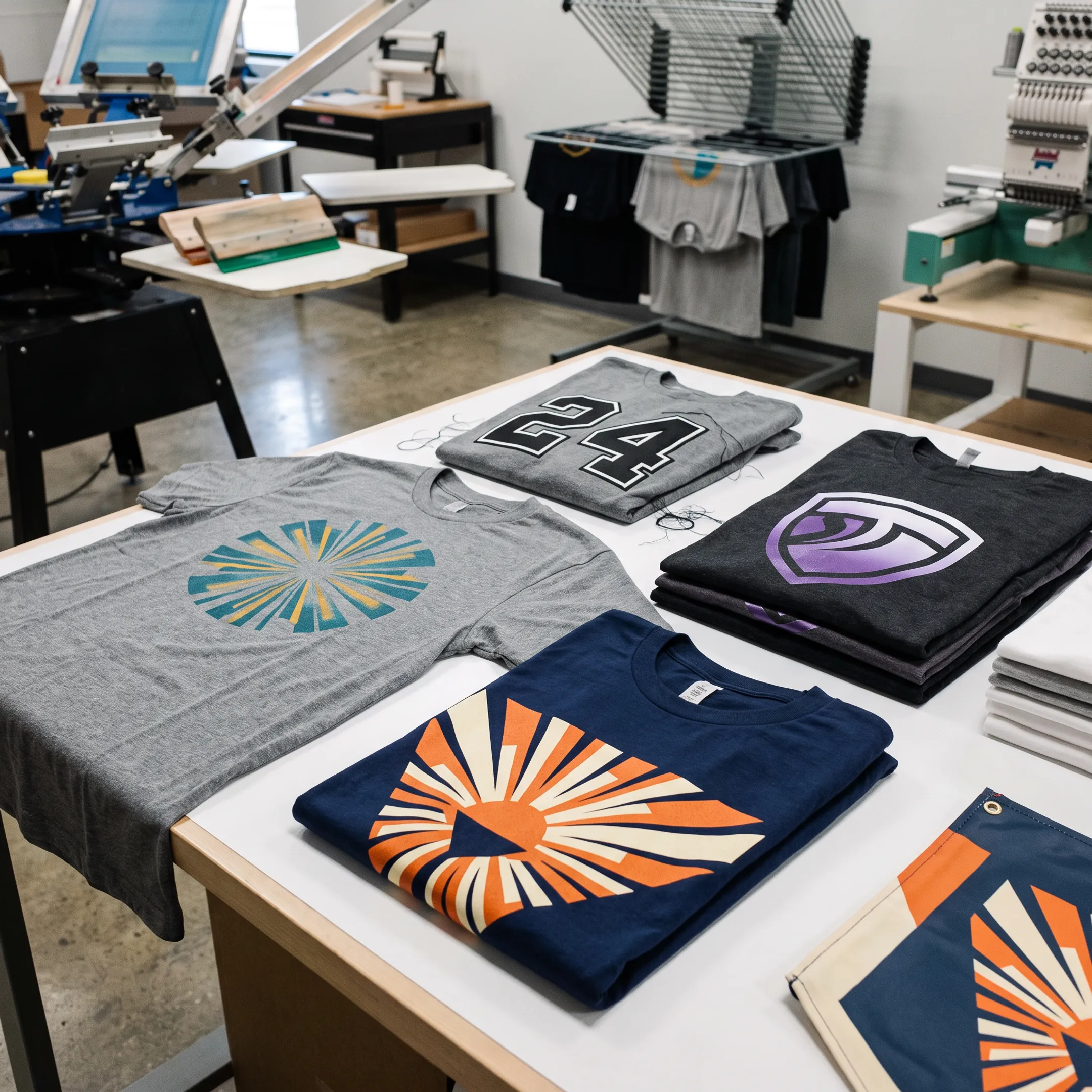 Custom printed t-shirts with colorful logos arranged in a professional print shop