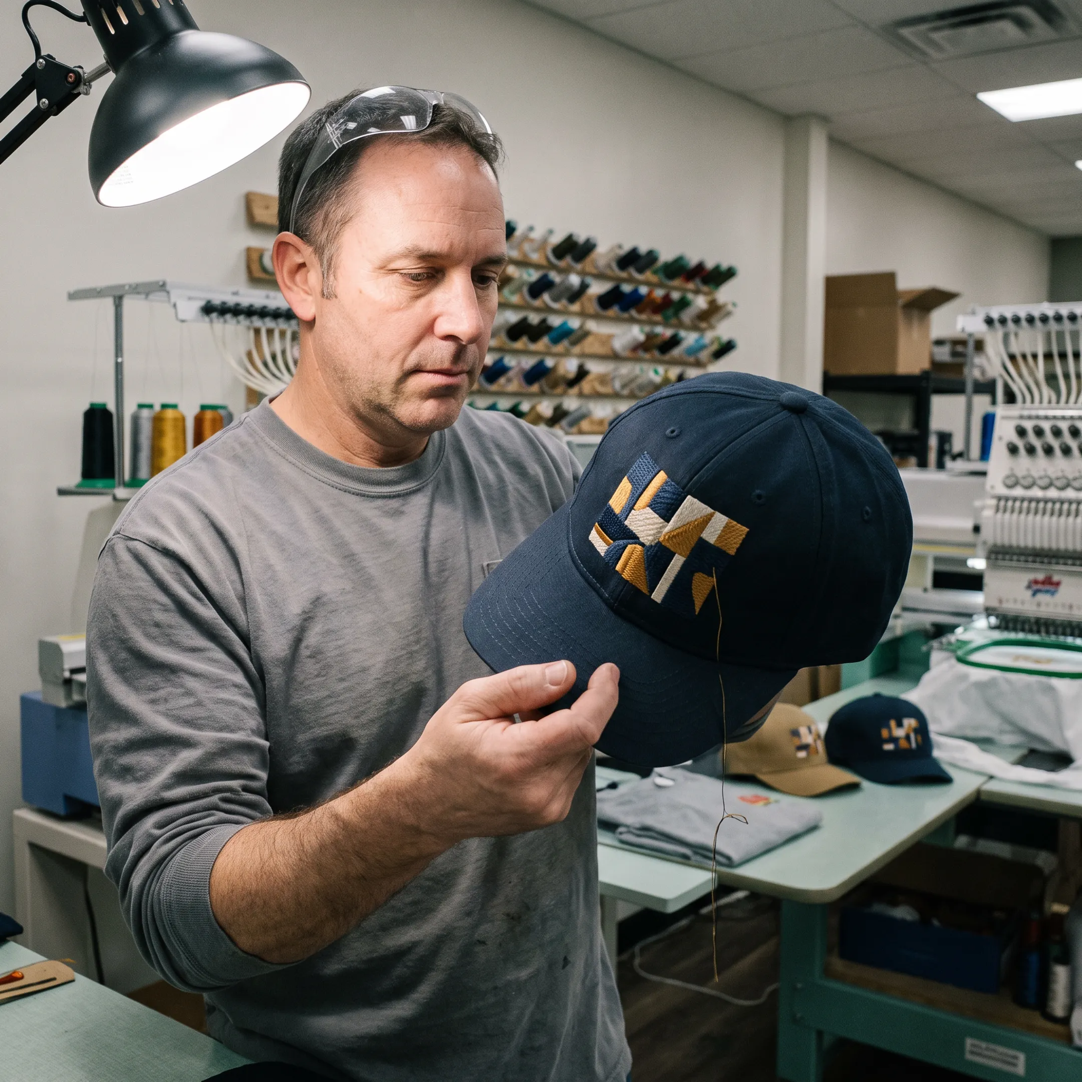 Worker inspecting embroidered logo on a custom cap