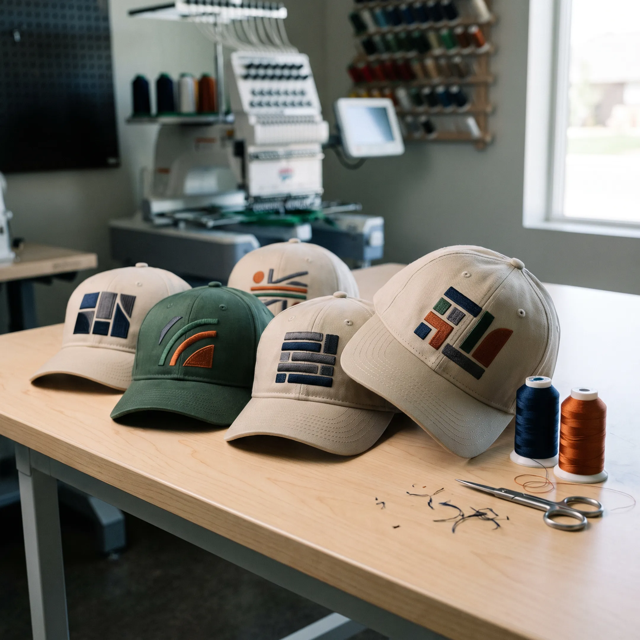 Custom embroidered baseball caps displaying colorful business logos