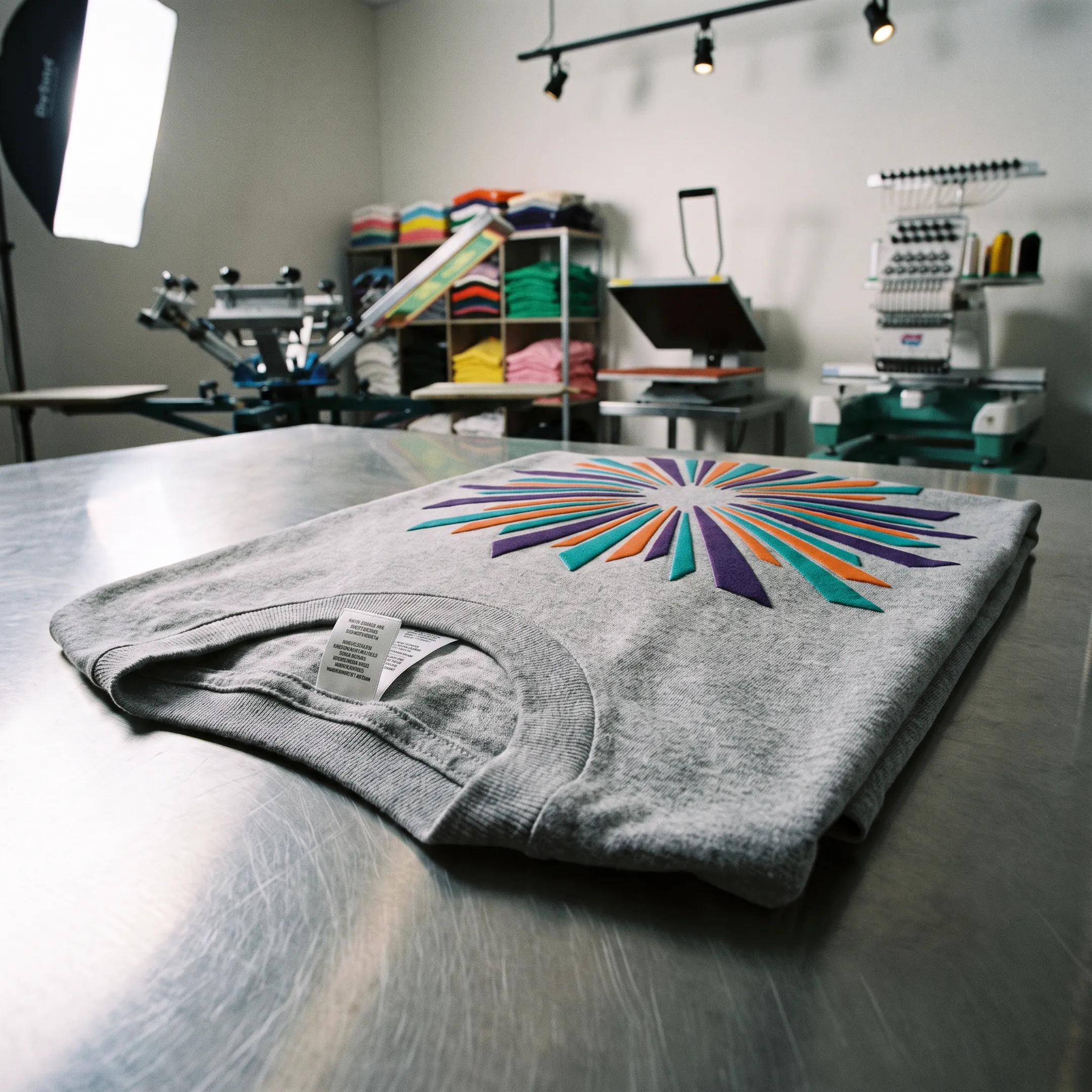 Printed custom t-shirt with a detailed colorful design beside apparel production tools