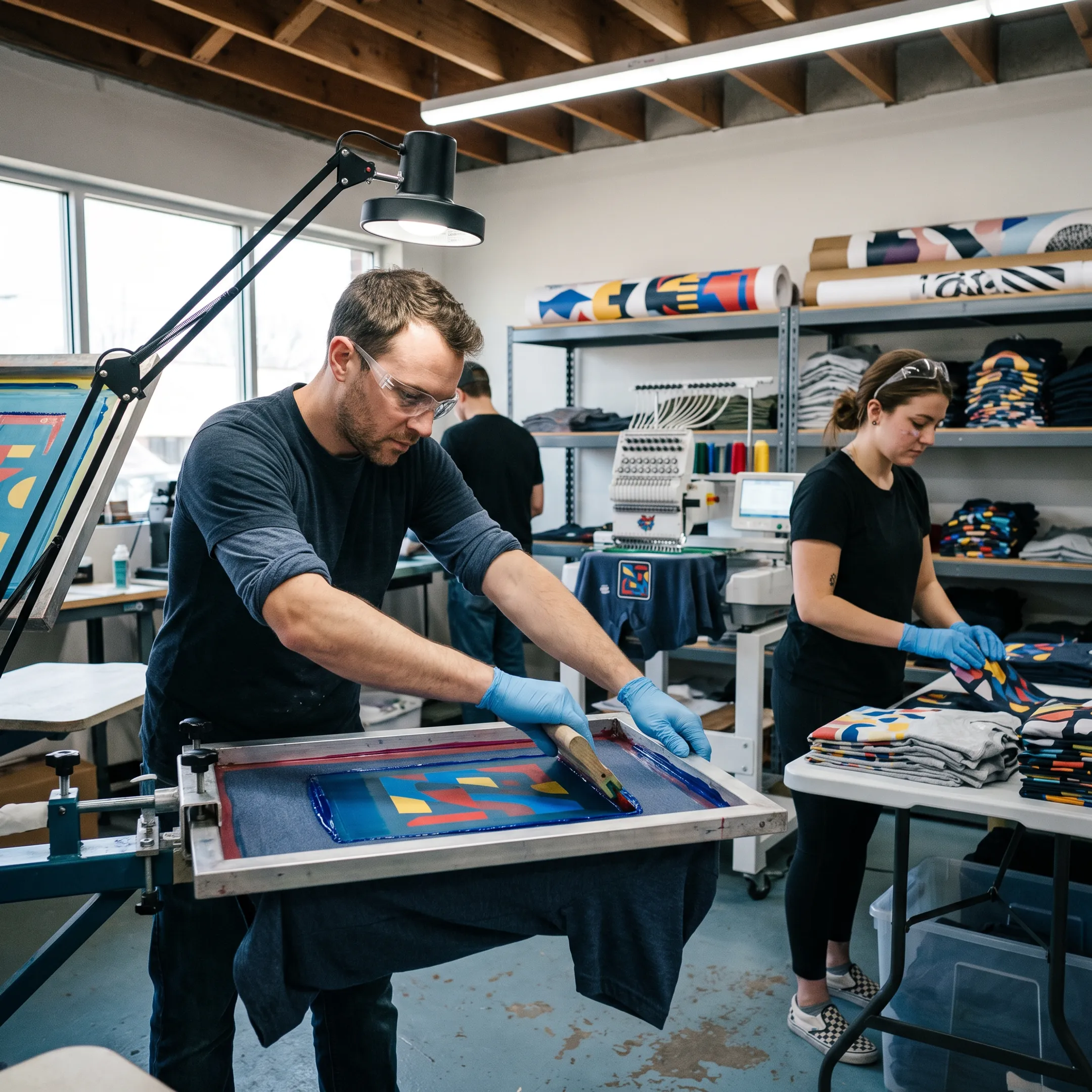 Custom printed t-shirts arranged beside colorful apparel designs in a professional print shop