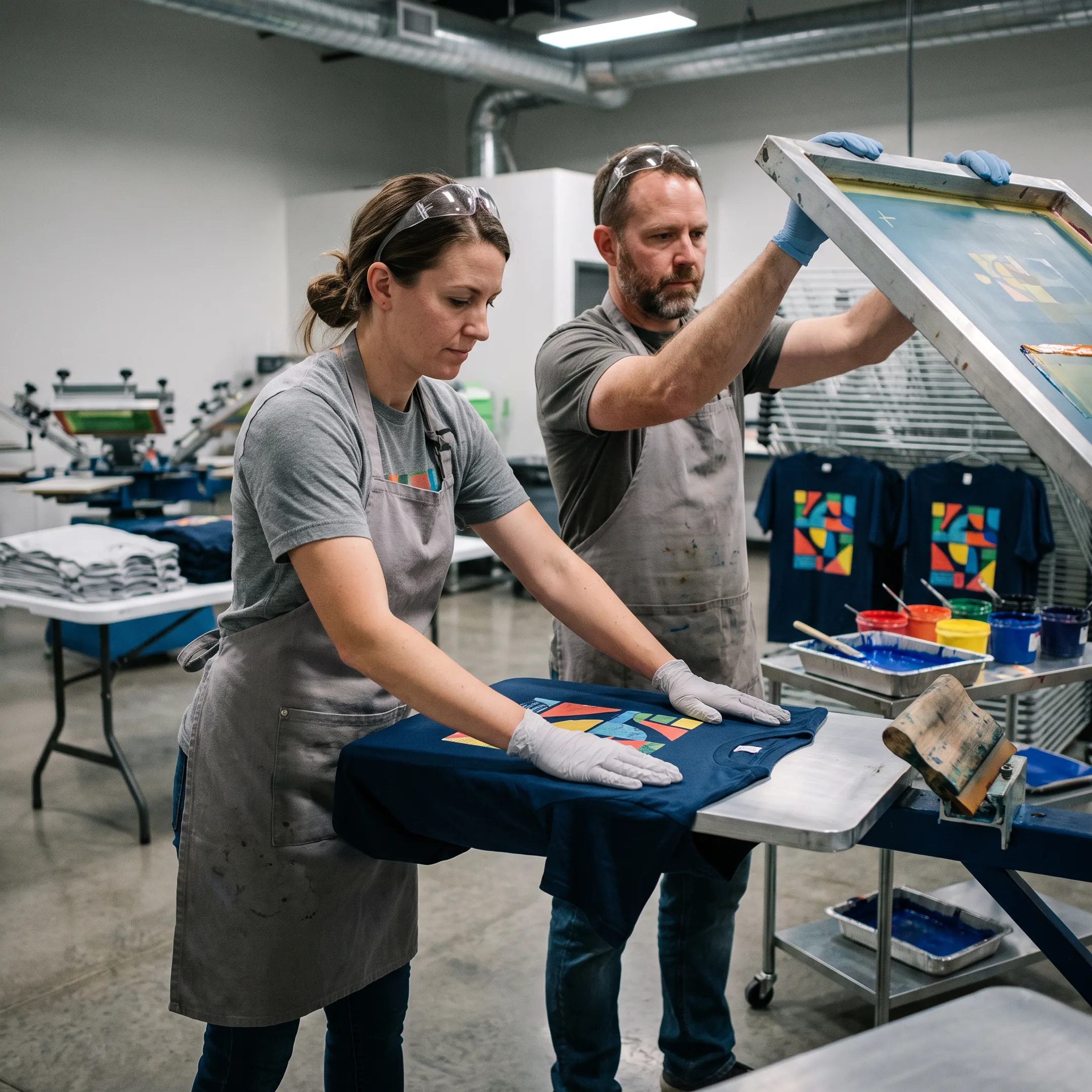 Screen printing team producing custom t-shirts with colorful designs