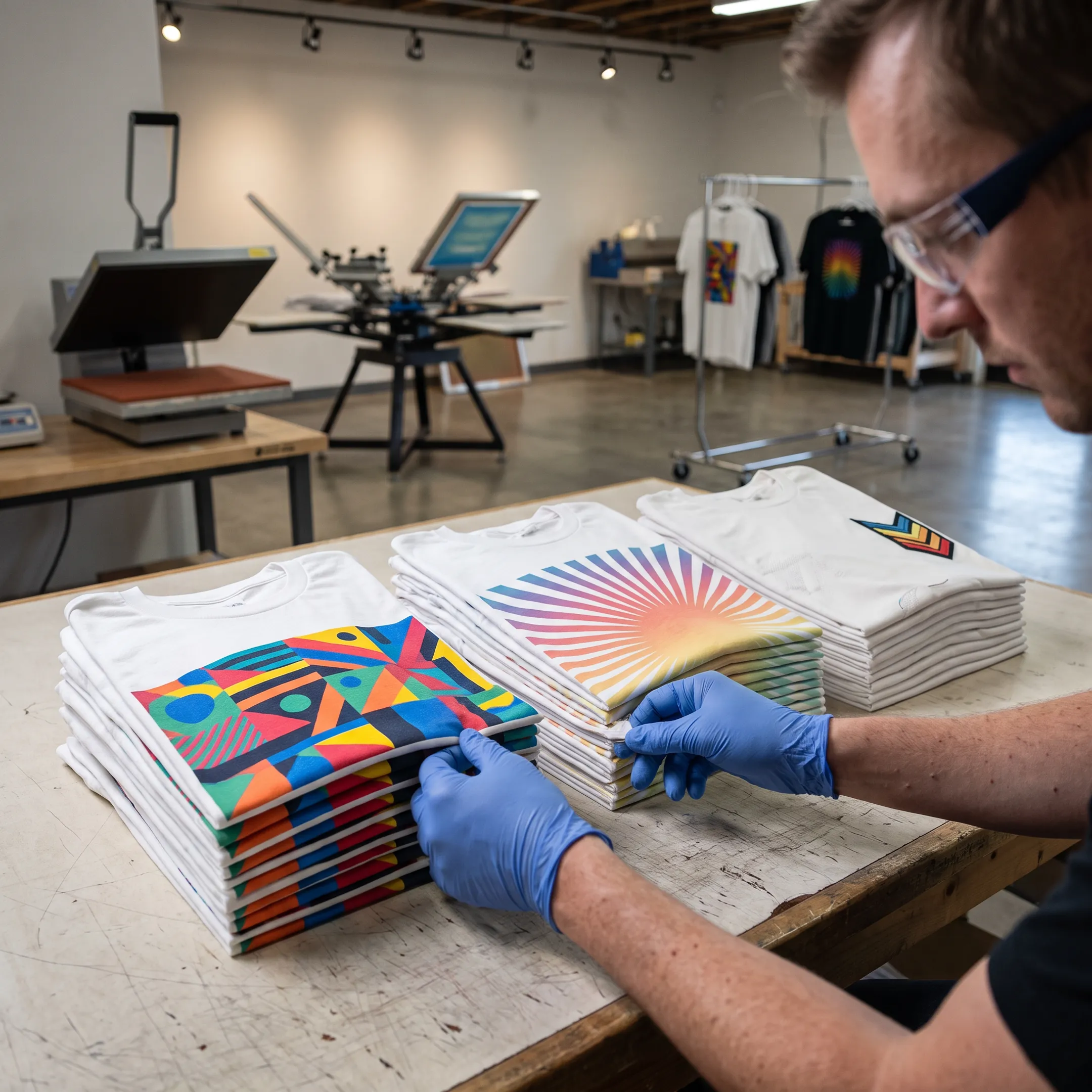 Colorful custom t-shirts arranged after professional screen printing
