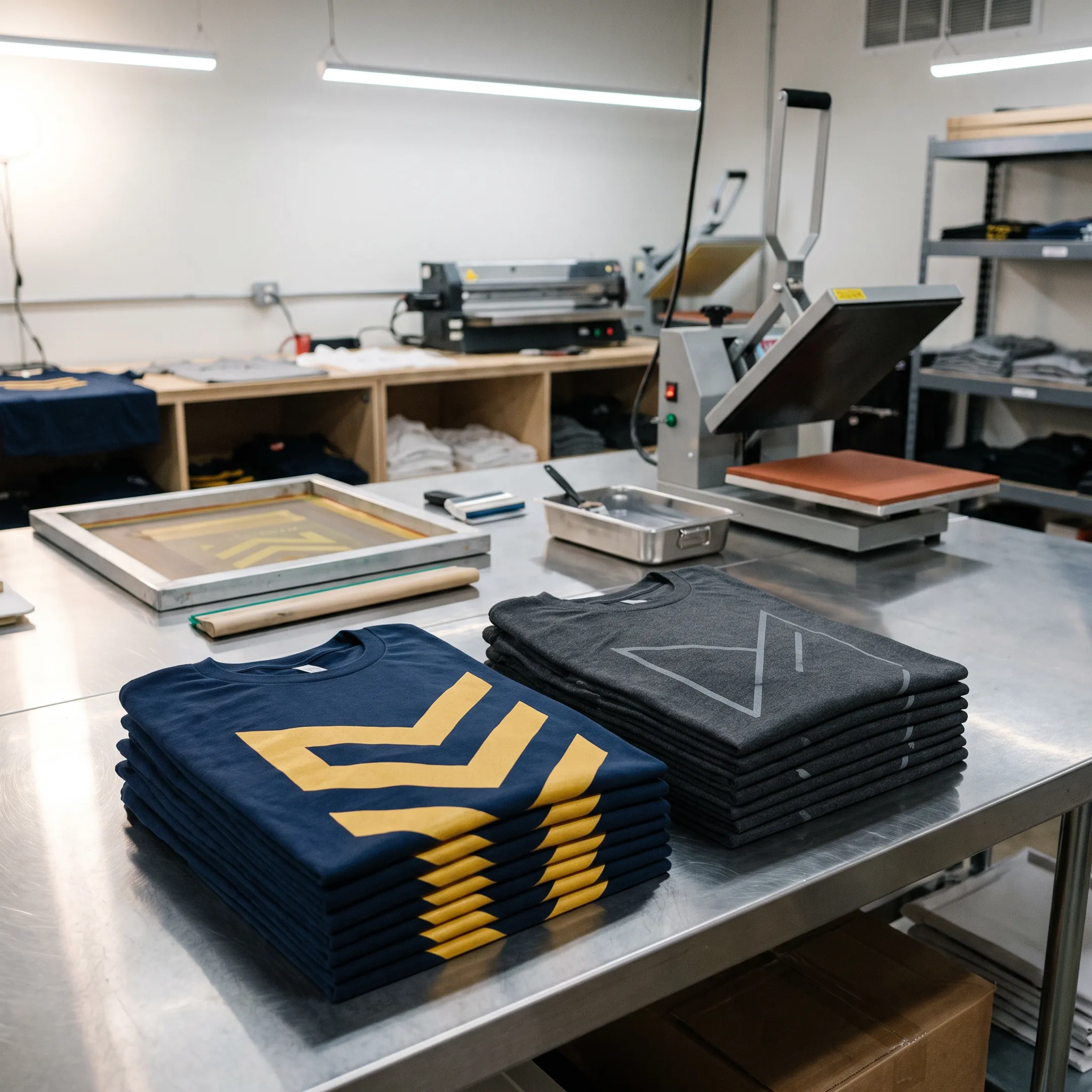Custom printed business and team t-shirts arranged on a worktable