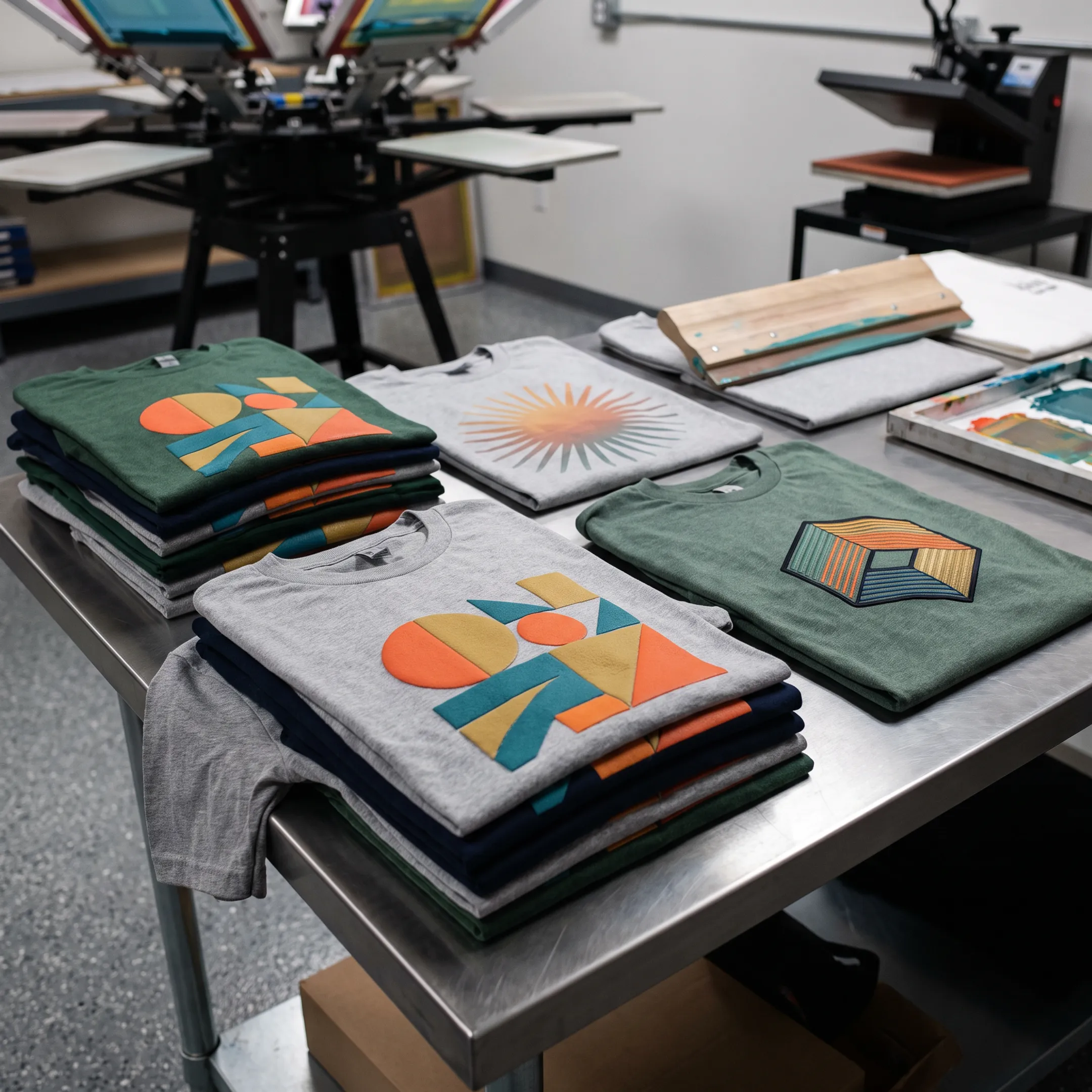 Custom printed t-shirts displaying colorful business and event designs