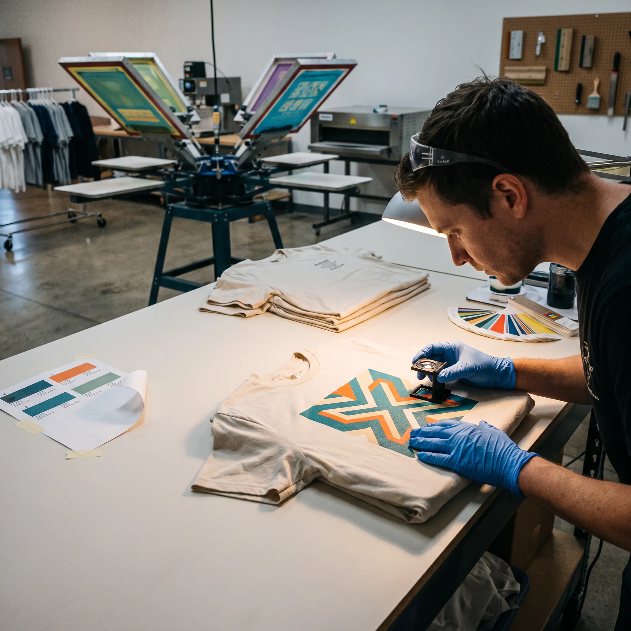Printer applying a detailed custom design to a blank t-shirt