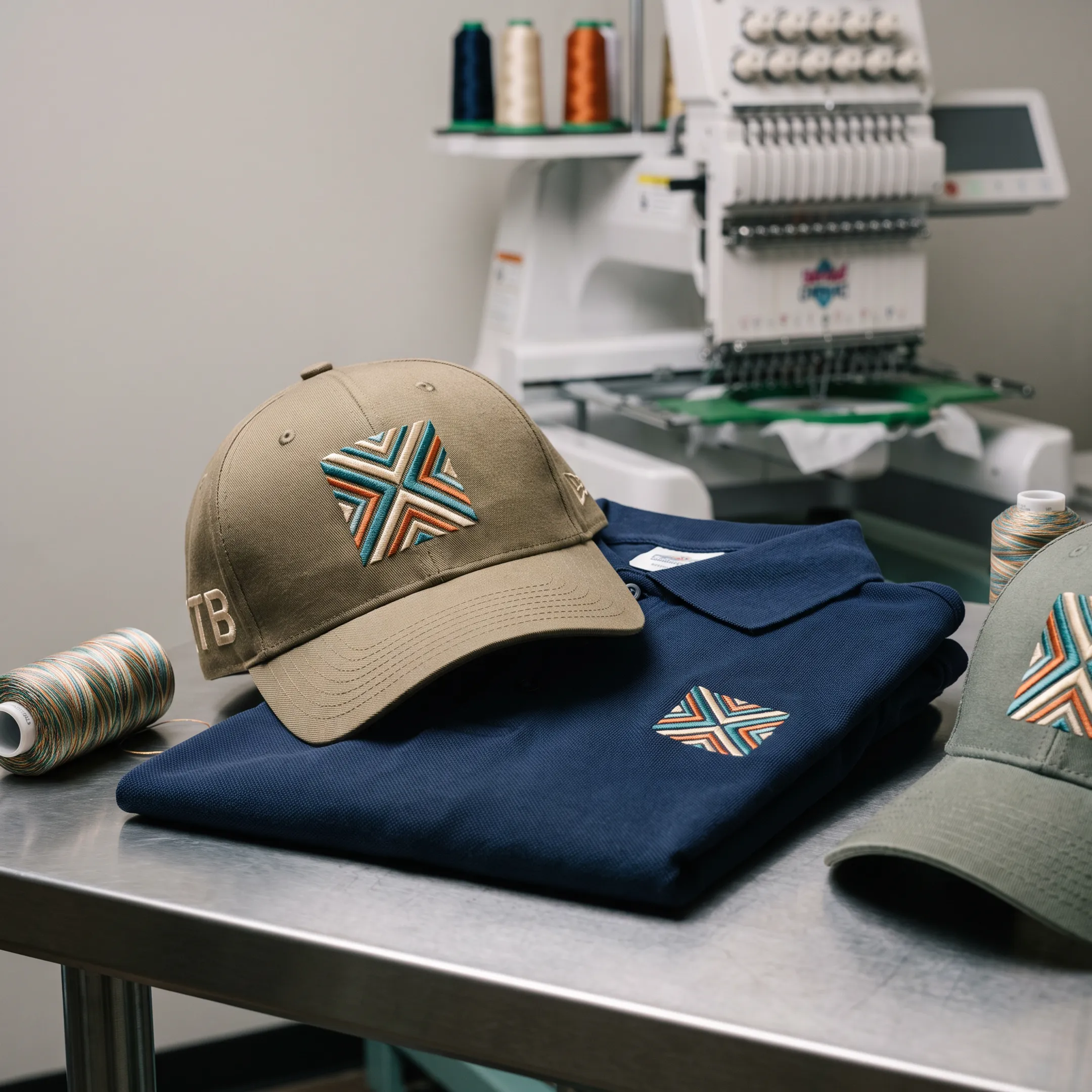Custom embroidered logo patches displayed on apparel and hats