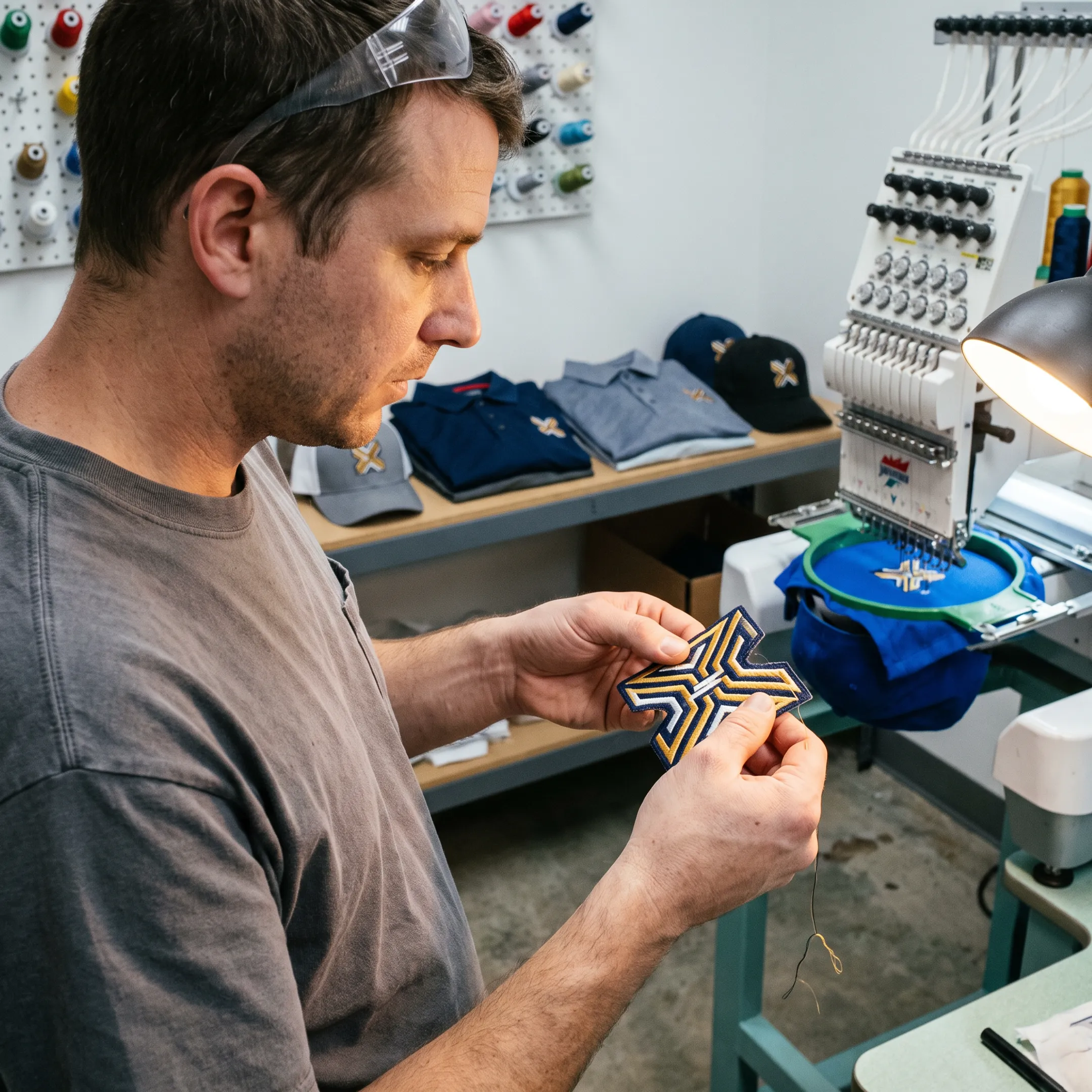 Staff preparing an embroidered patch design for branded apparel