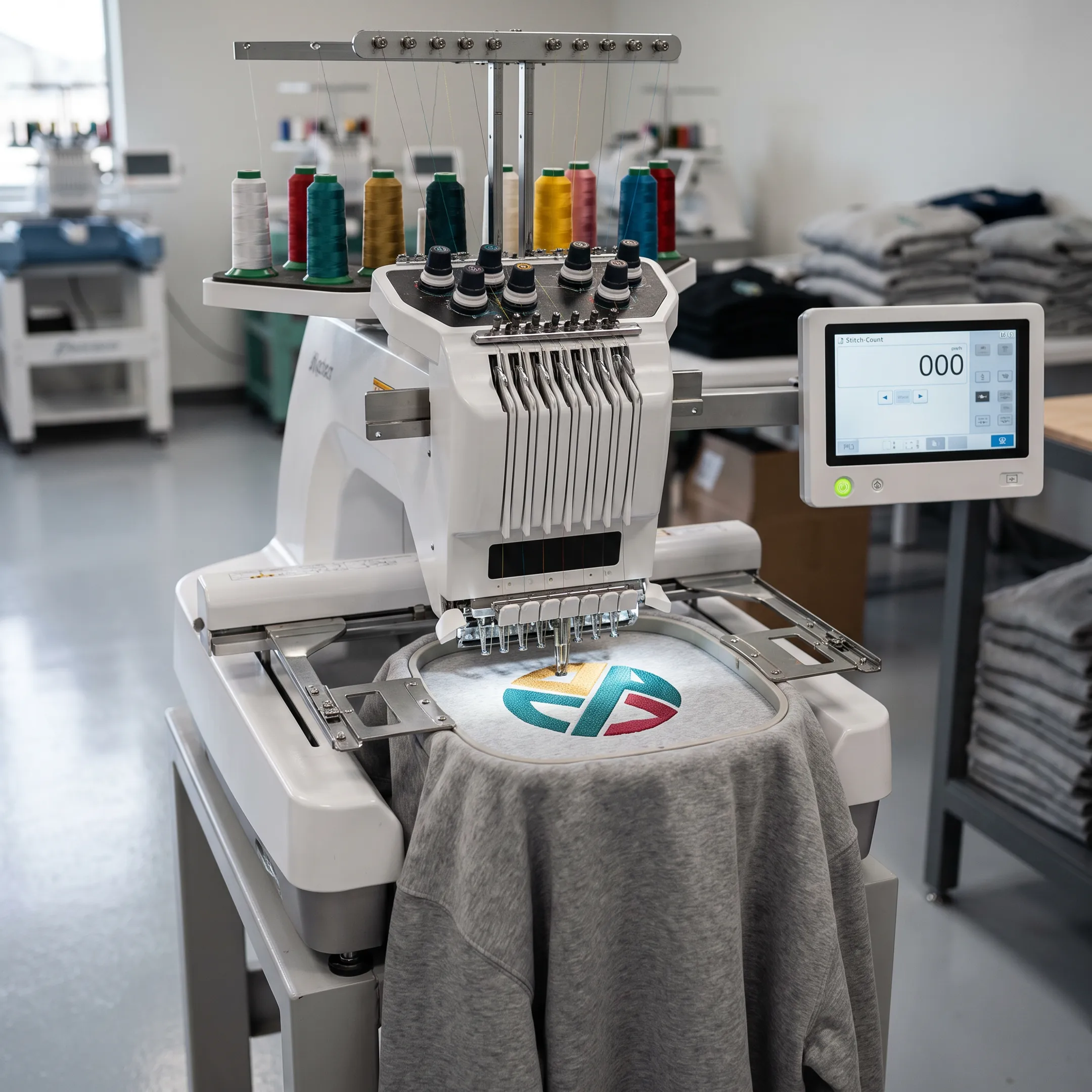 Embroidery machine creating a logo on a custom sweatshirt