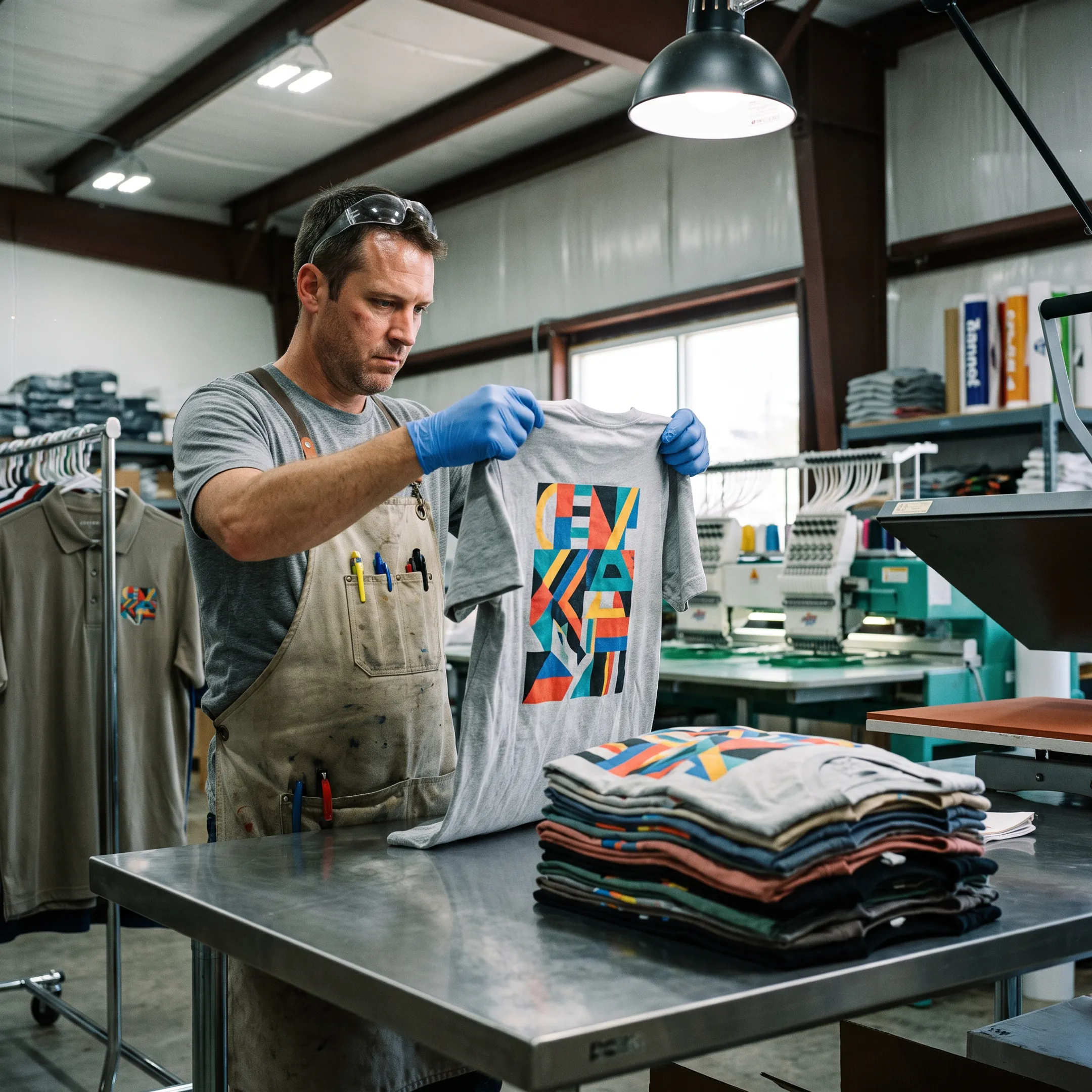Technician inspecting colorful custom printed and embroidered apparel