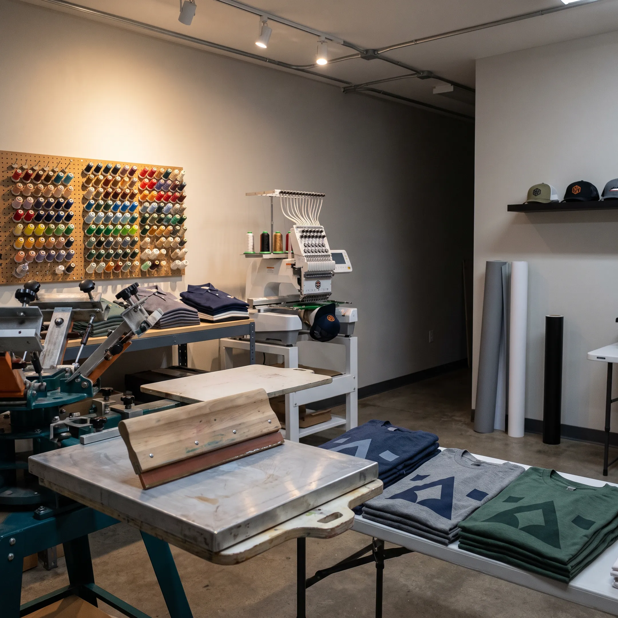 Screen printed and embroidered apparel arranged on a production table