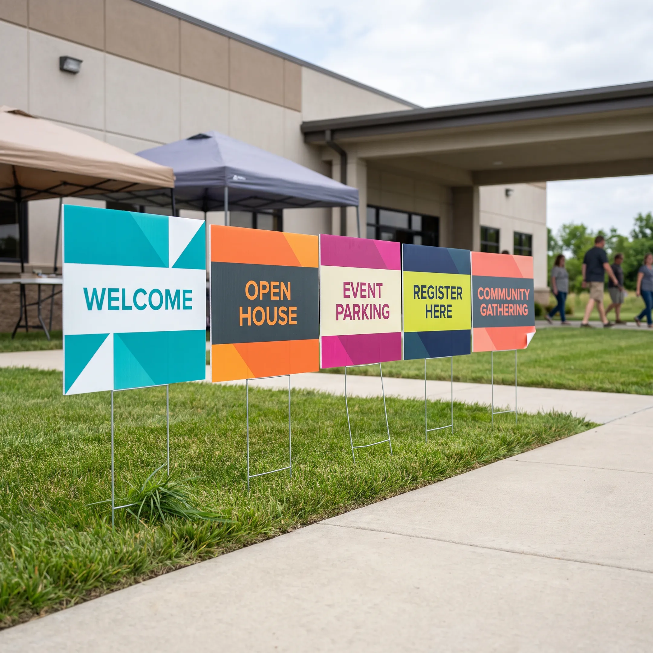 Custom printed yard signs arranged outside a business or community event