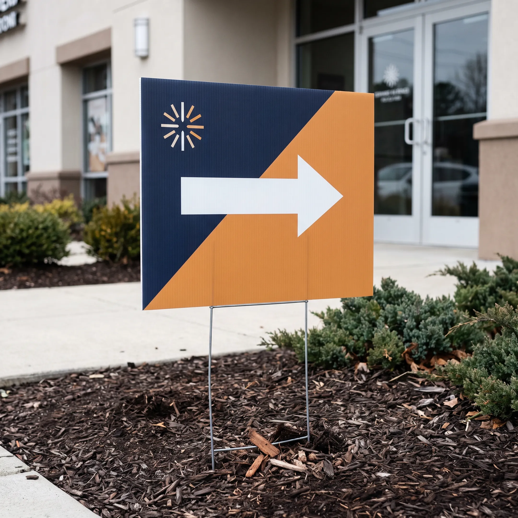 Professionally printed custom yard sign beside a business or event entrance