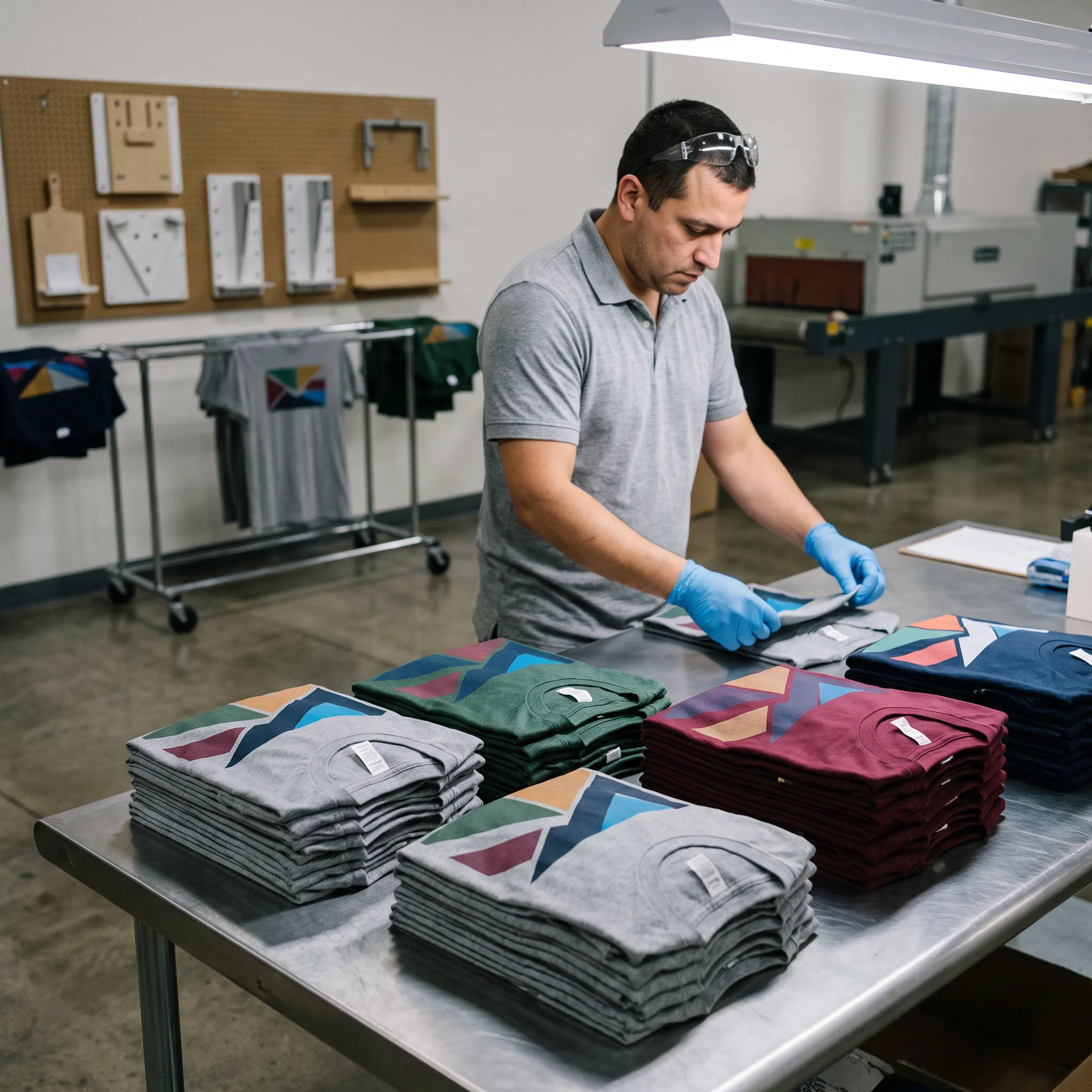 Custom printed t-shirts arranged for a bulk apparel order