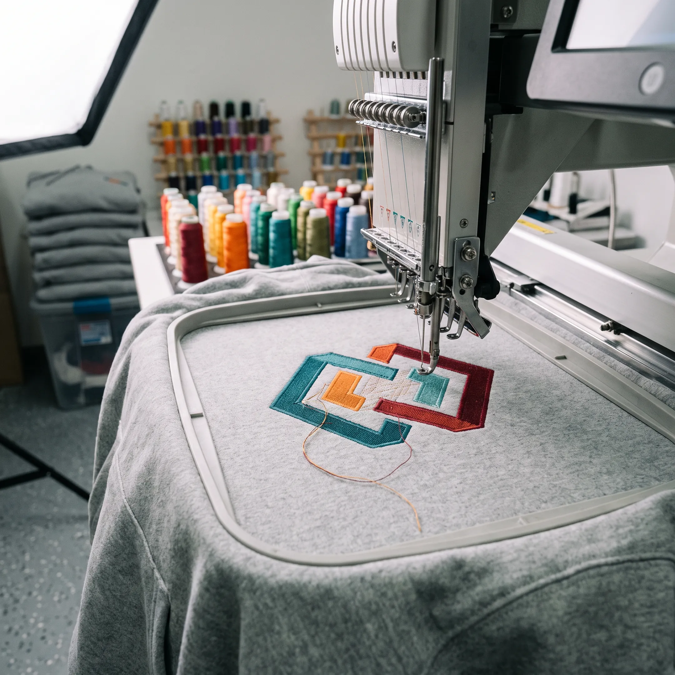 Custom embroidered hoodie displaying a branded logo on a clean apparel worktable
