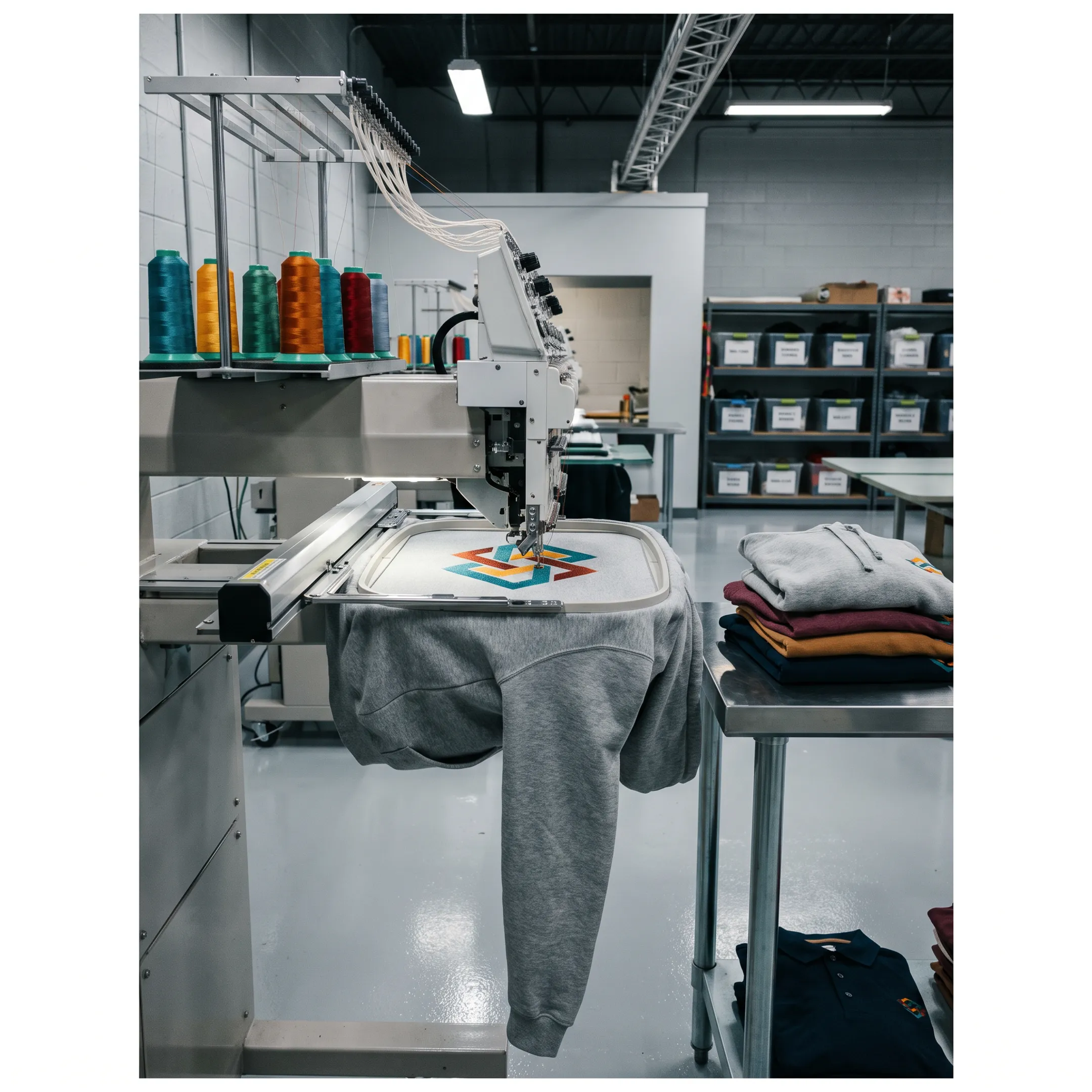 Embroidered hoodie being produced with a detailed branded design