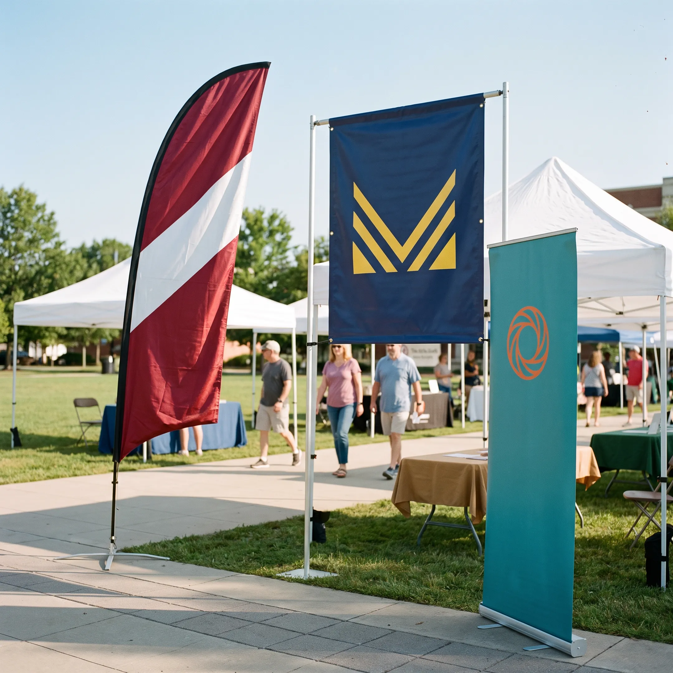 Custom printed flags and banners displayed at a community event