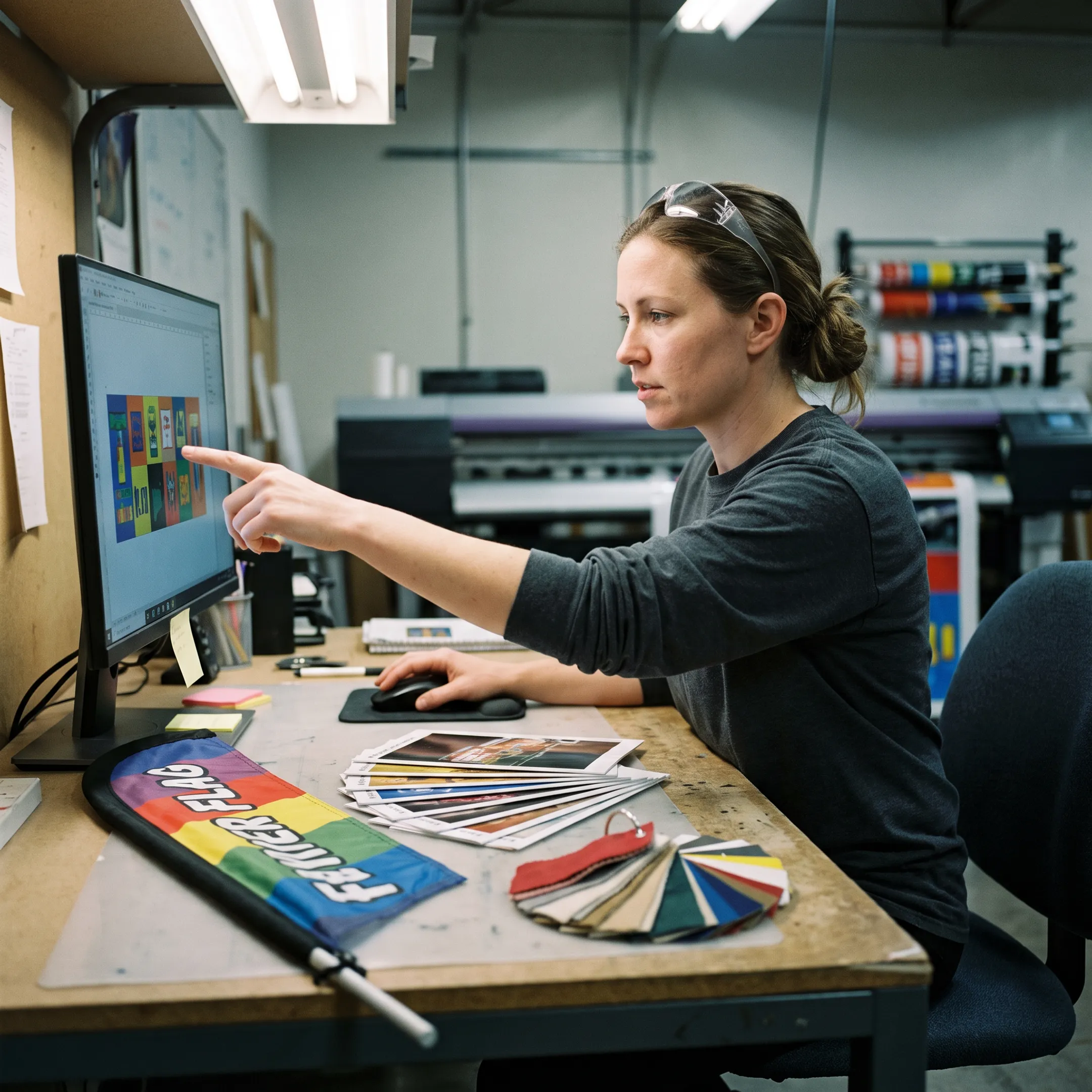 Designer reviewing artwork for a custom banner