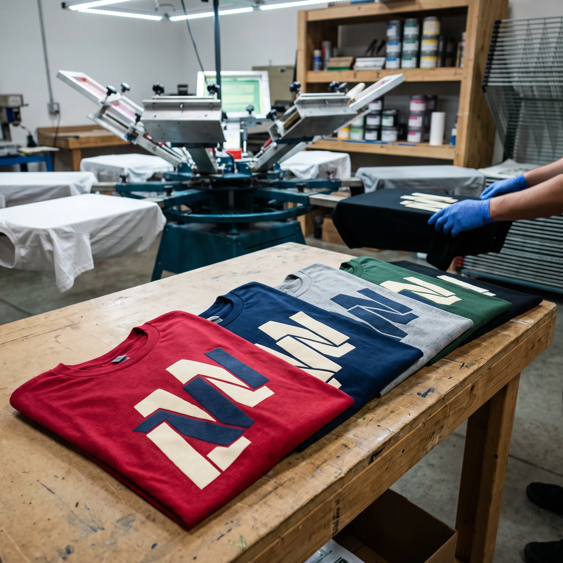 Screen printed custom t-shirts arranged beside printing equipment