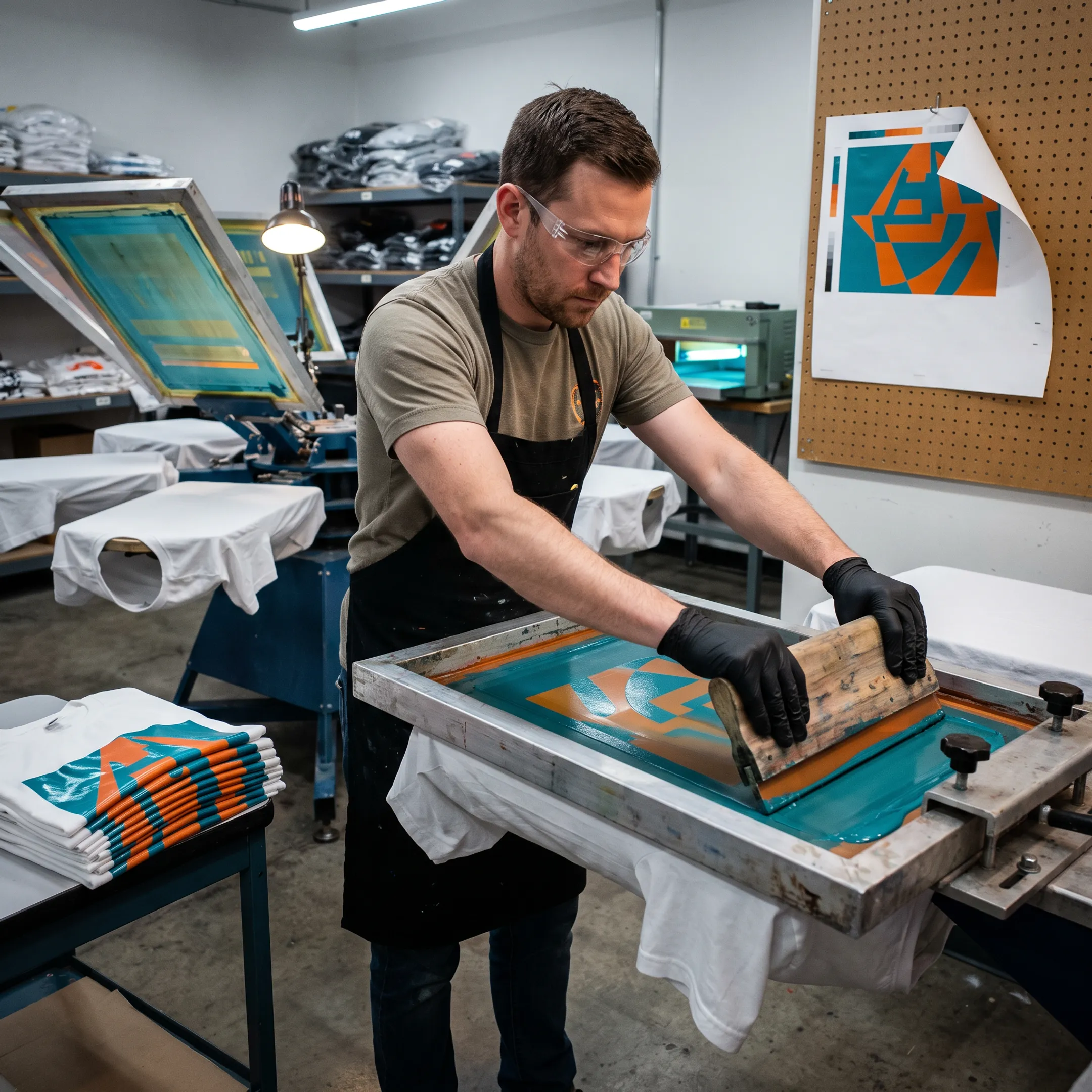 Printer preparing colorful screen printed t-shirts