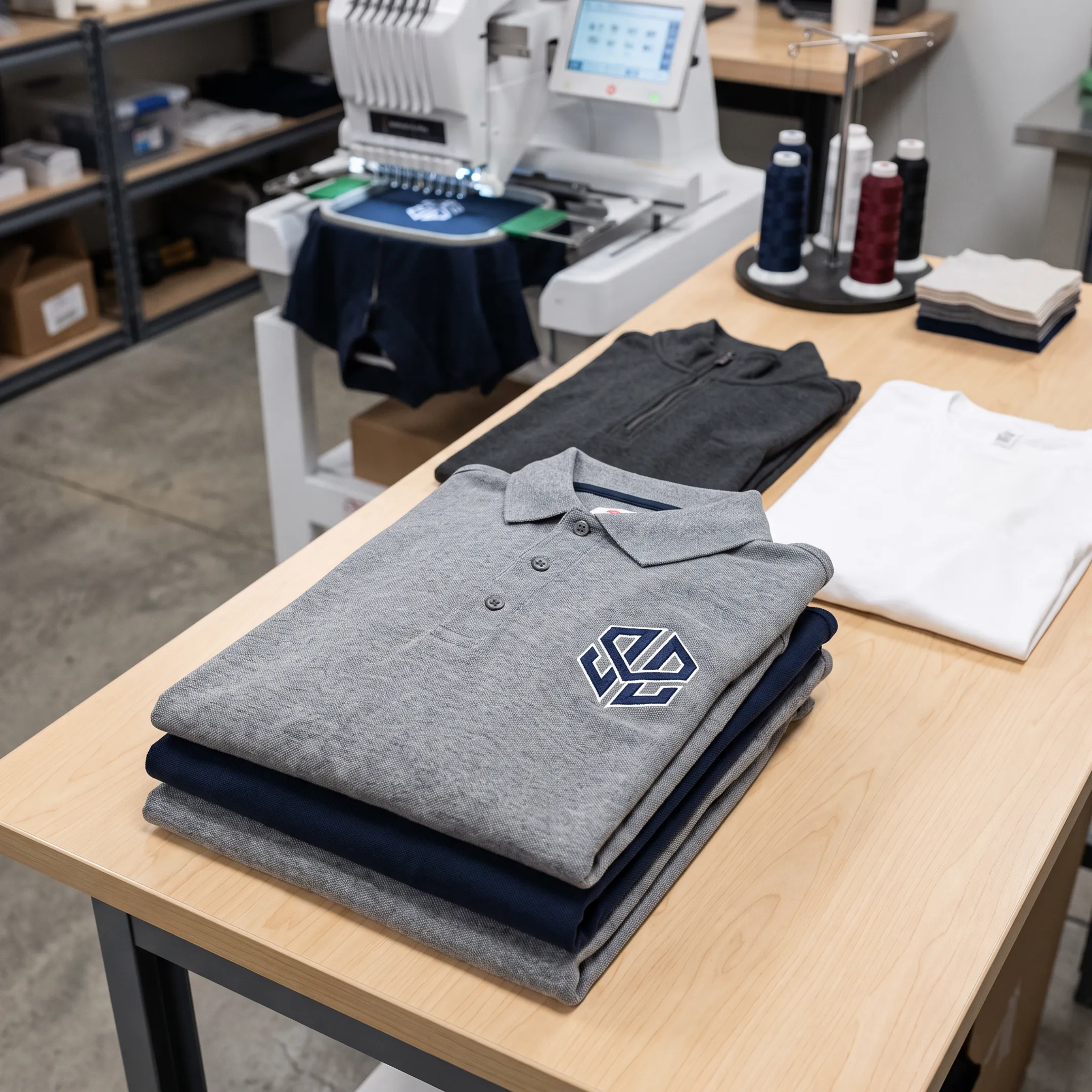 Custom polo shirts with embroidered company logos arranged for a business team