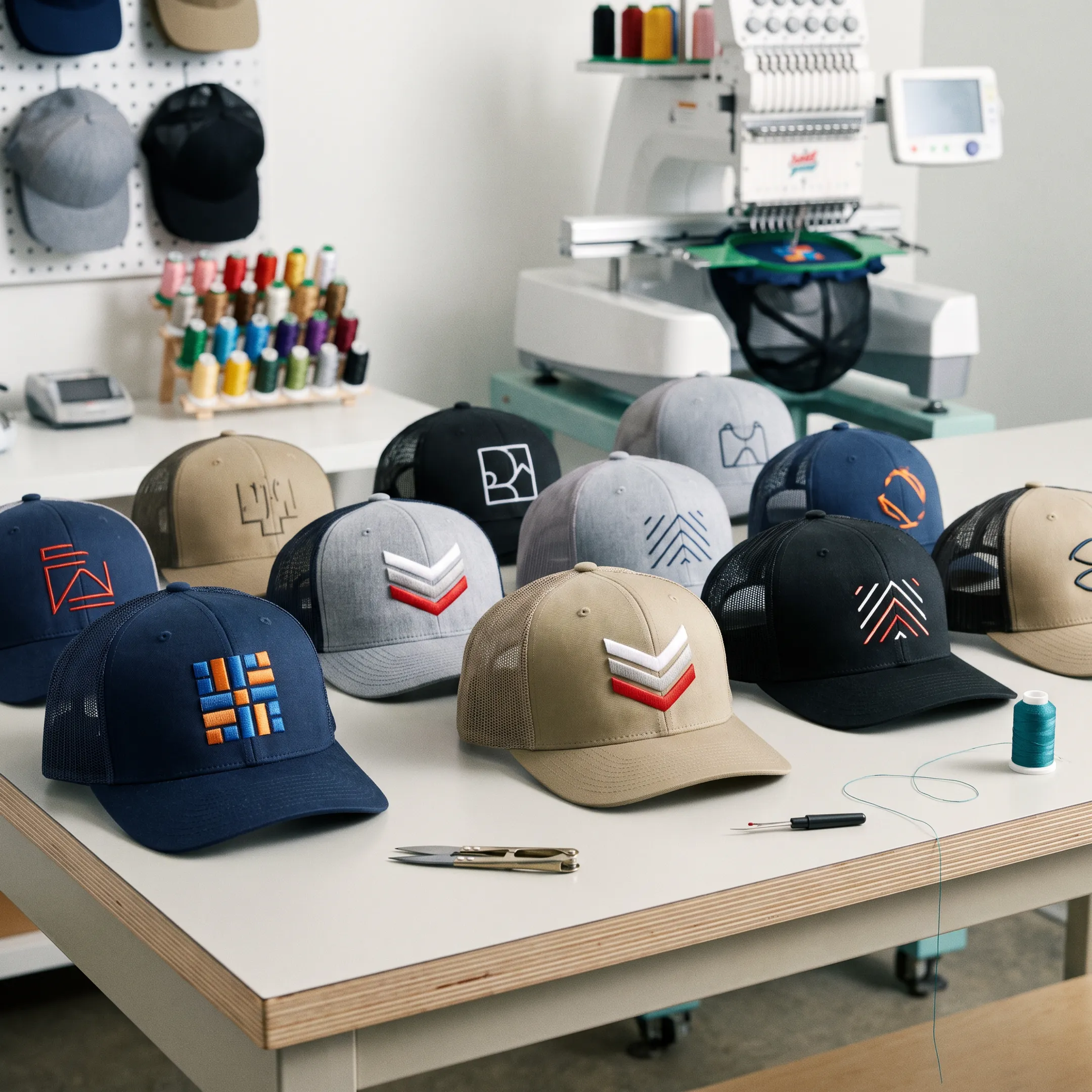 Custom trucker hats displaying embroidered business logos on a print shop worktable
