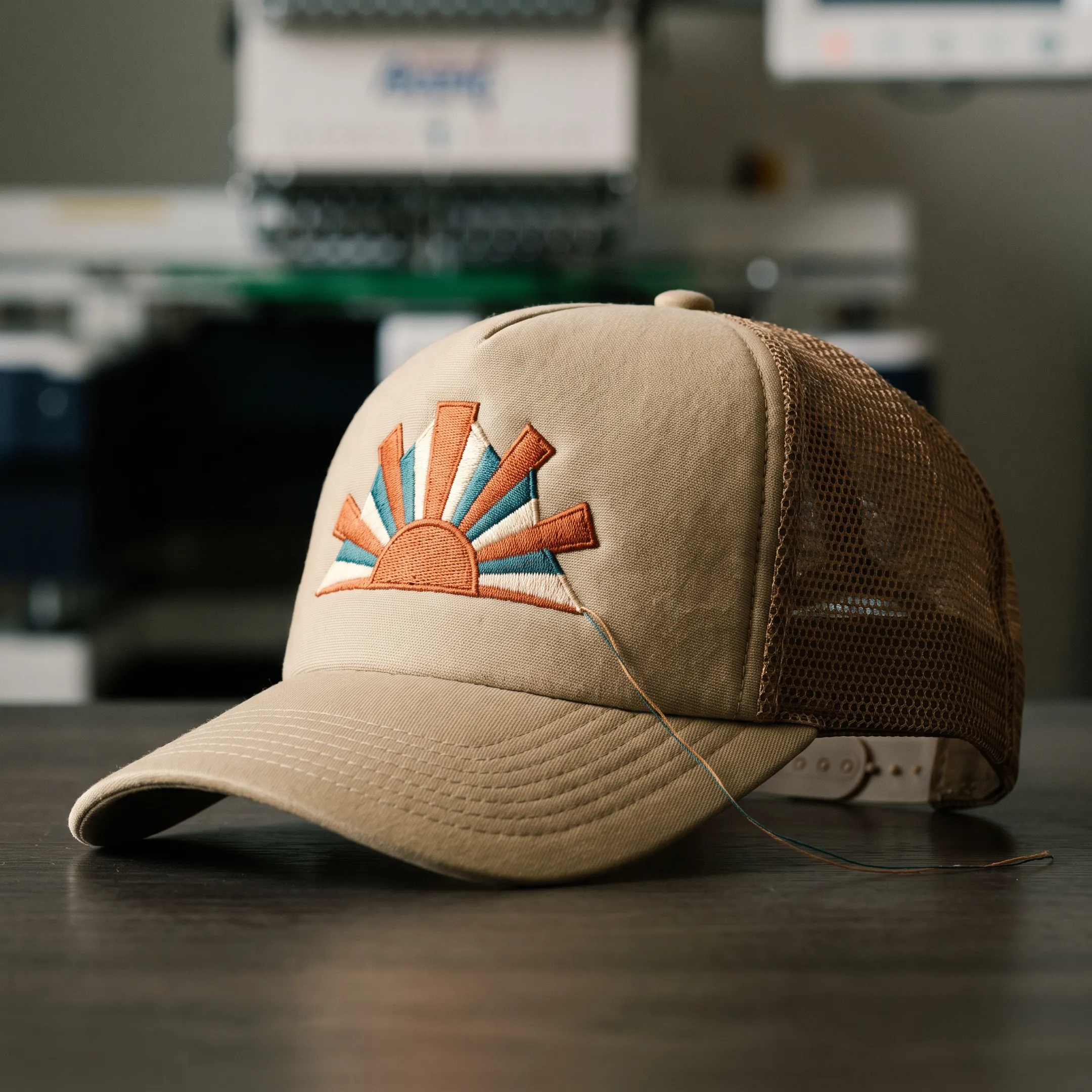 Close-up of a custom trucker hat with a colorful embroidered logo