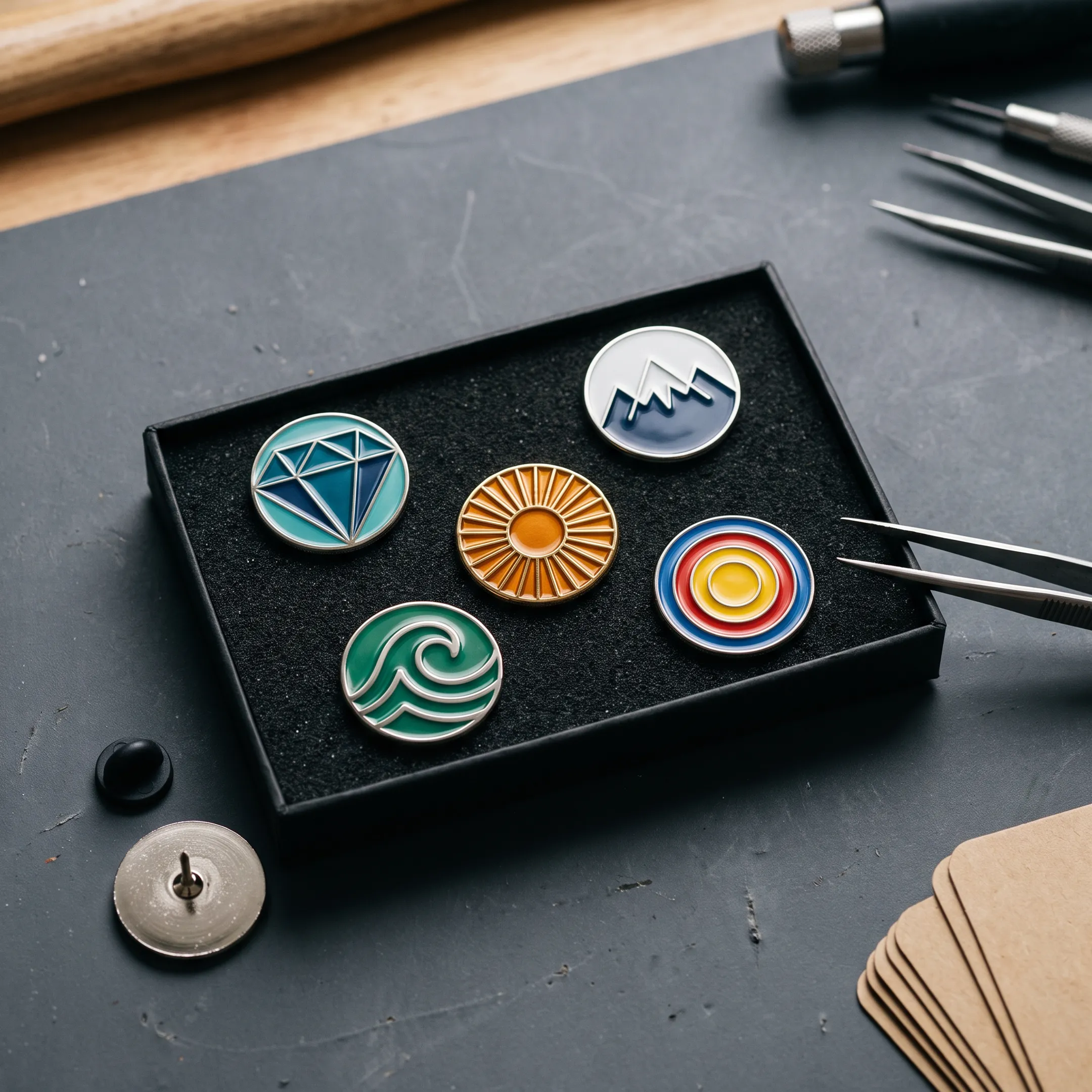 Custom logo lapel pins arranged beside branded promotional materials
