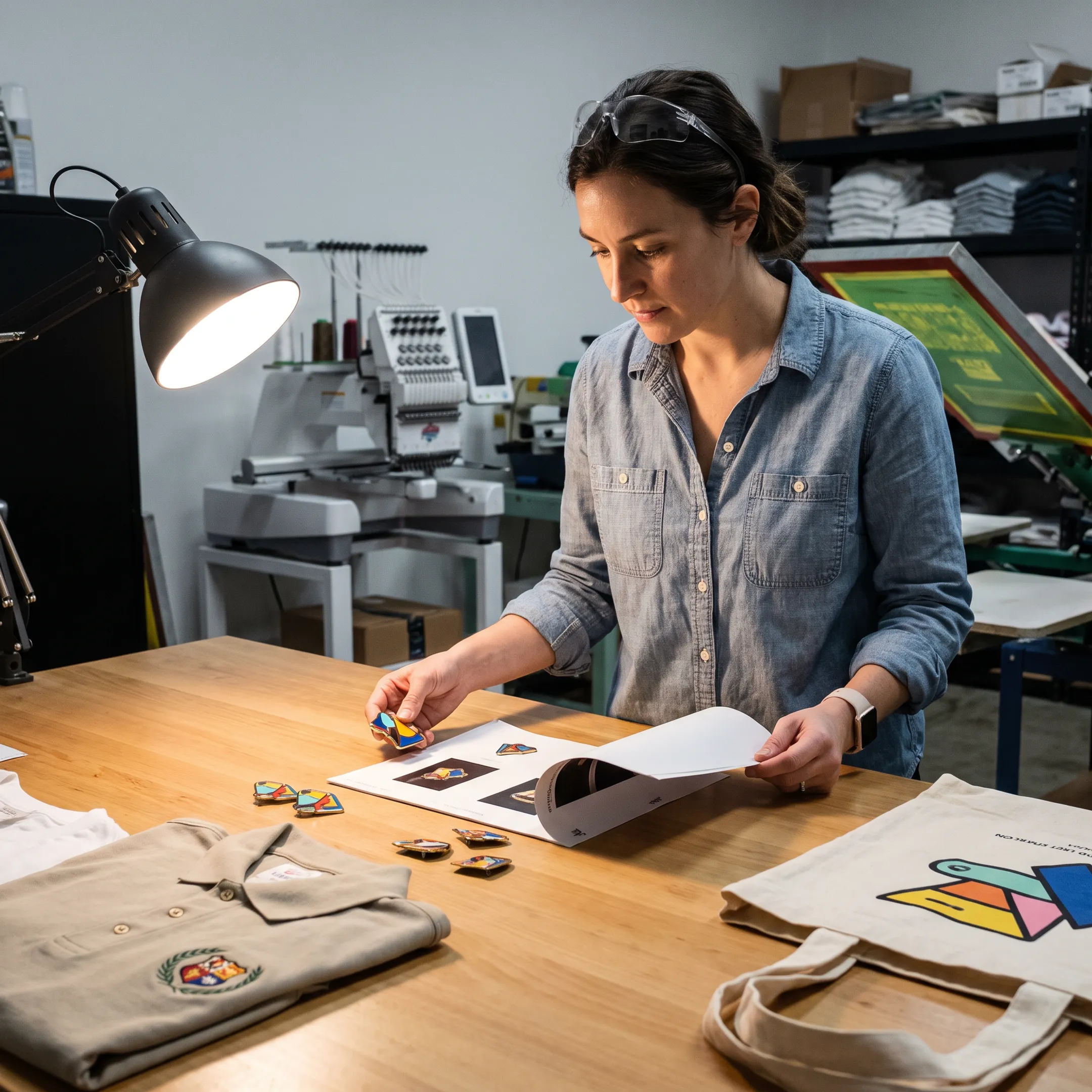 Logo lapel pin design being reviewed with branded merchandise